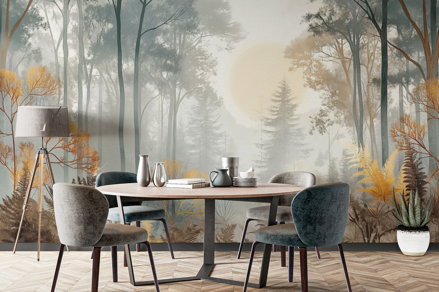 Misty Sunlit Forest Wallpaper Mural