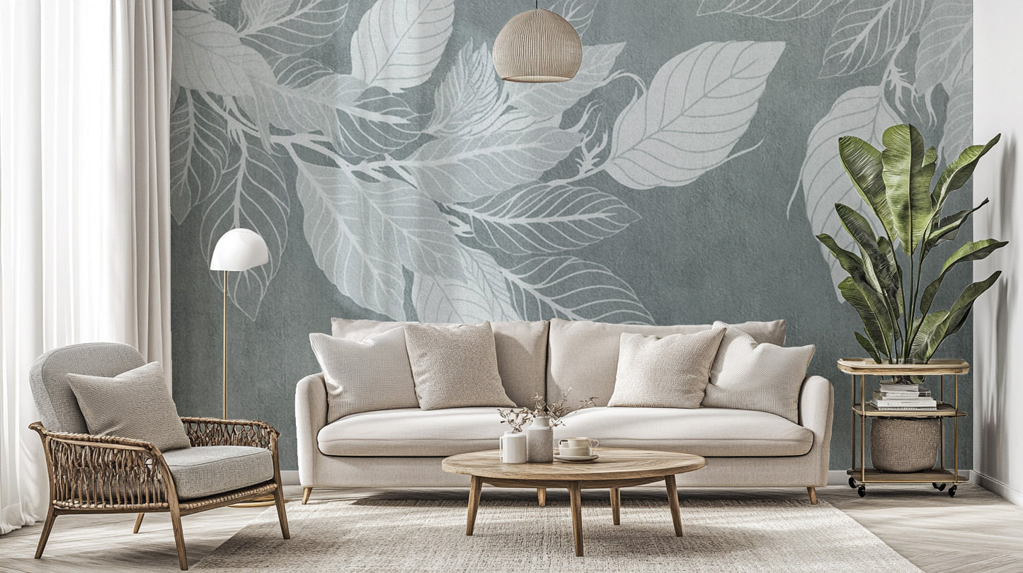 Elegant Teal Botanical Leaf Mural