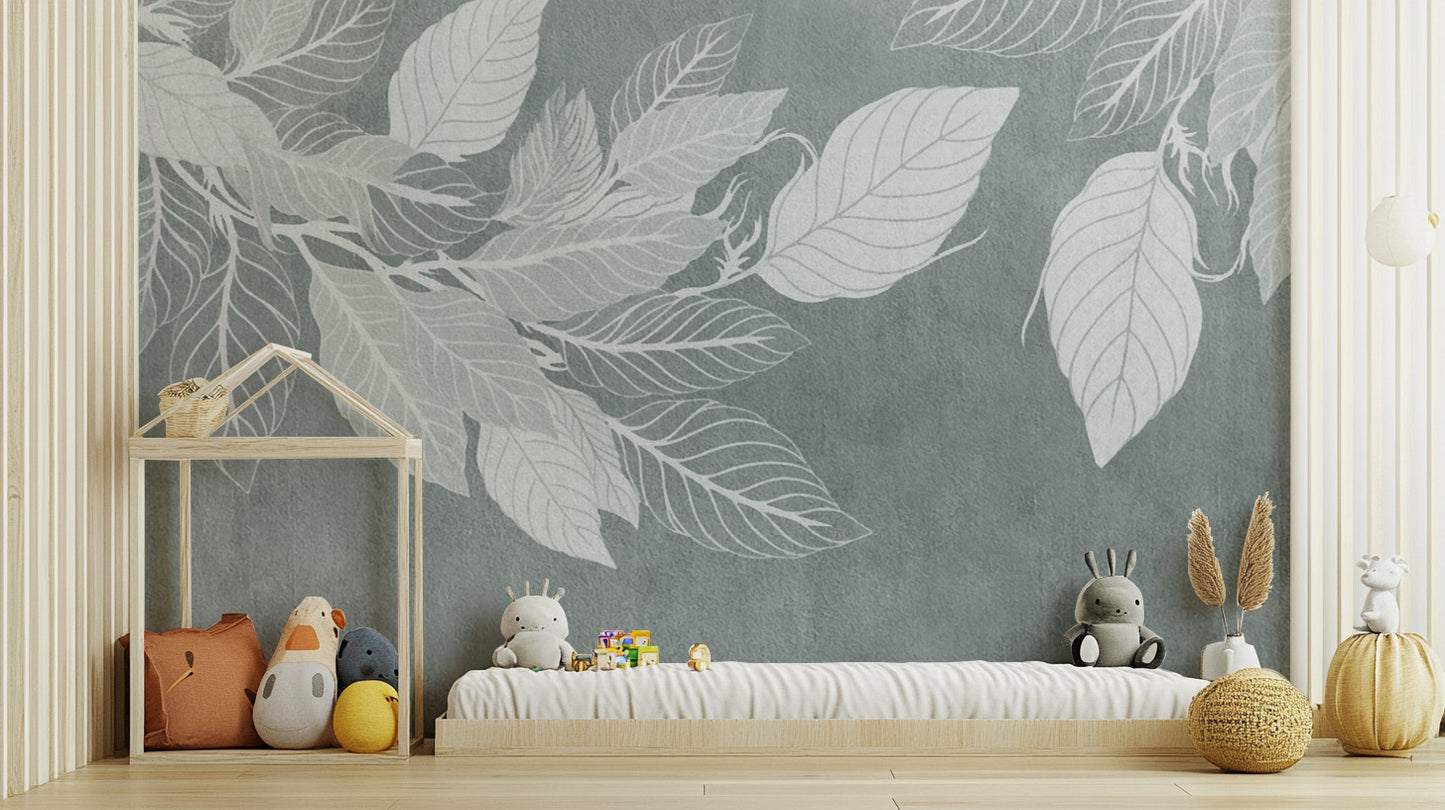 Elegant Teal Botanical Leaf Mural