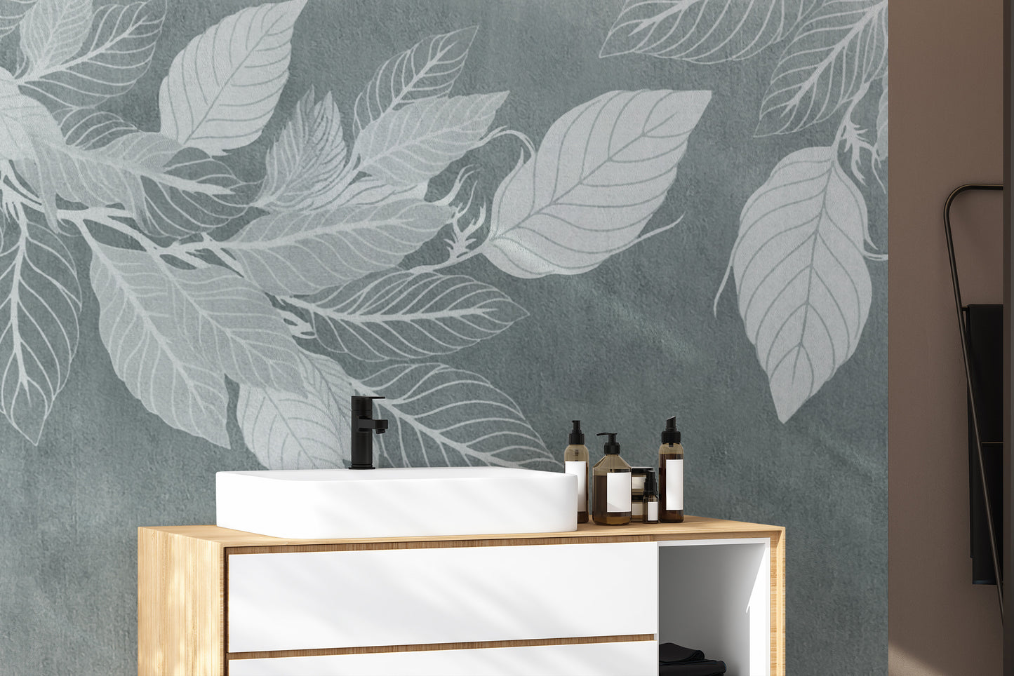 Elegant Teal Botanical Leaf Mural