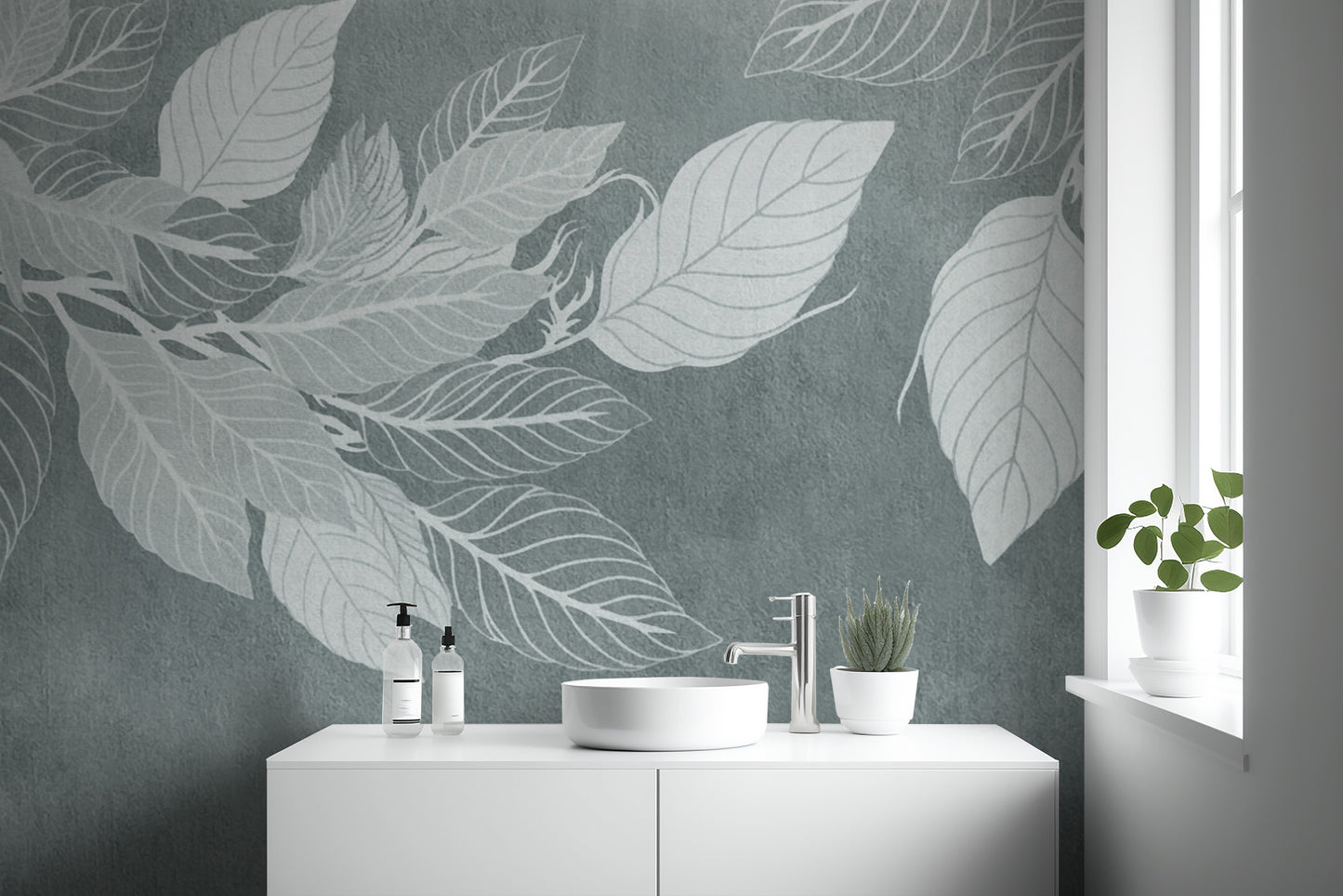 Elegant Teal Botanical Leaf Mural