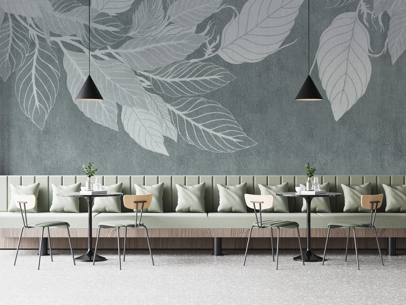 Elegant Teal Botanical Leaf Mural