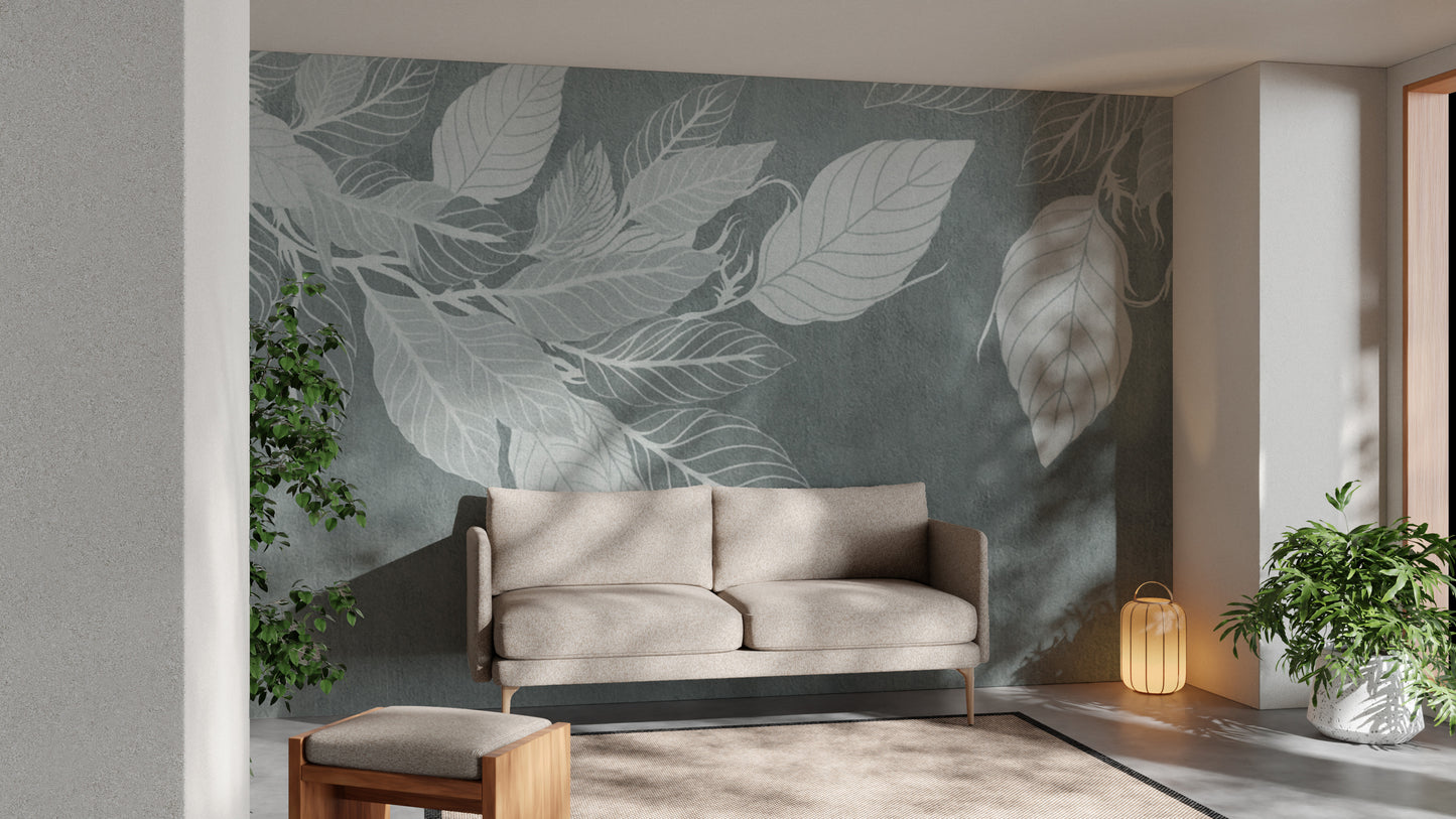 Elegant Teal Botanical Leaf Mural