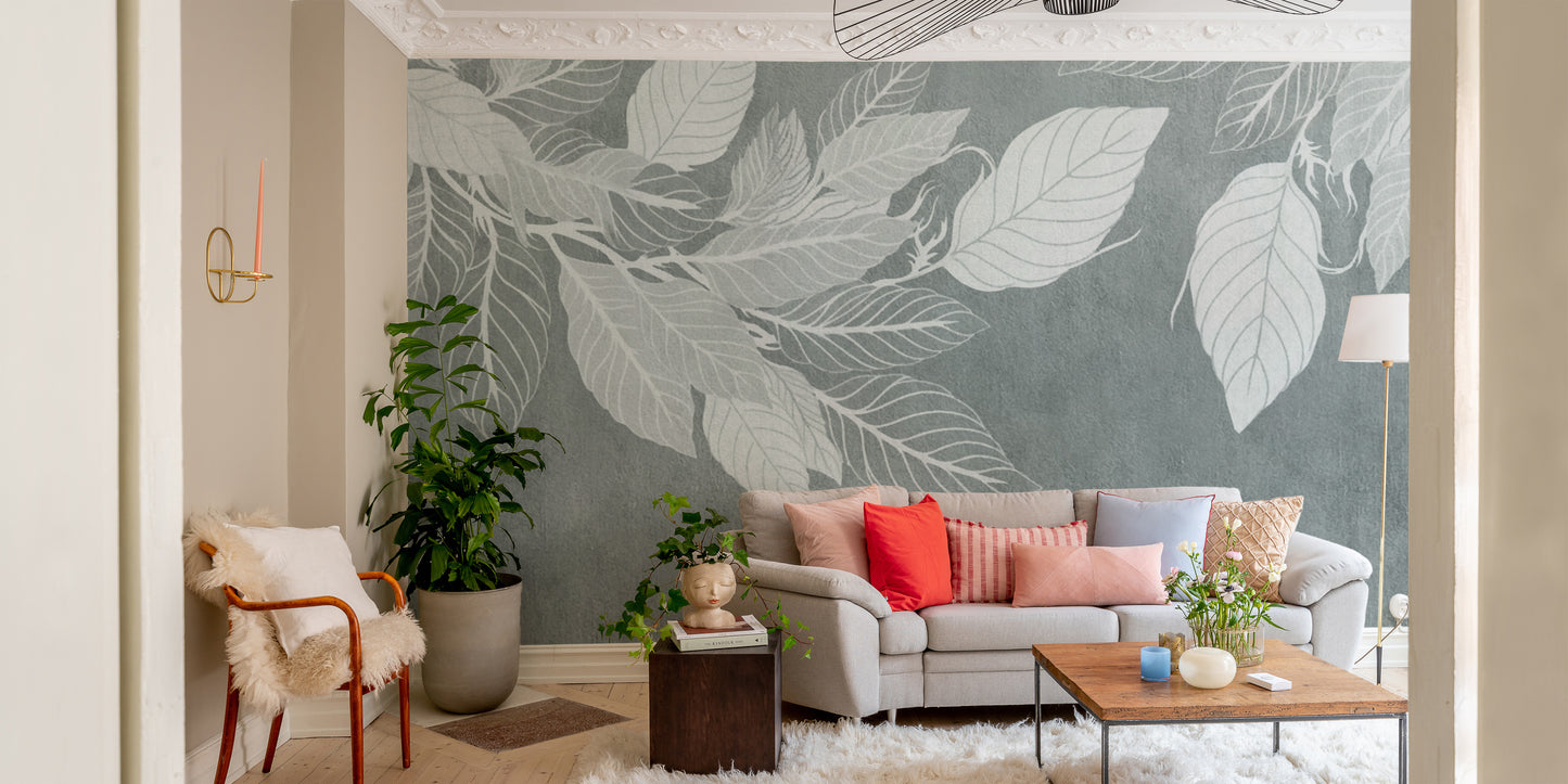 Elegant Teal Botanical Leaf Mural