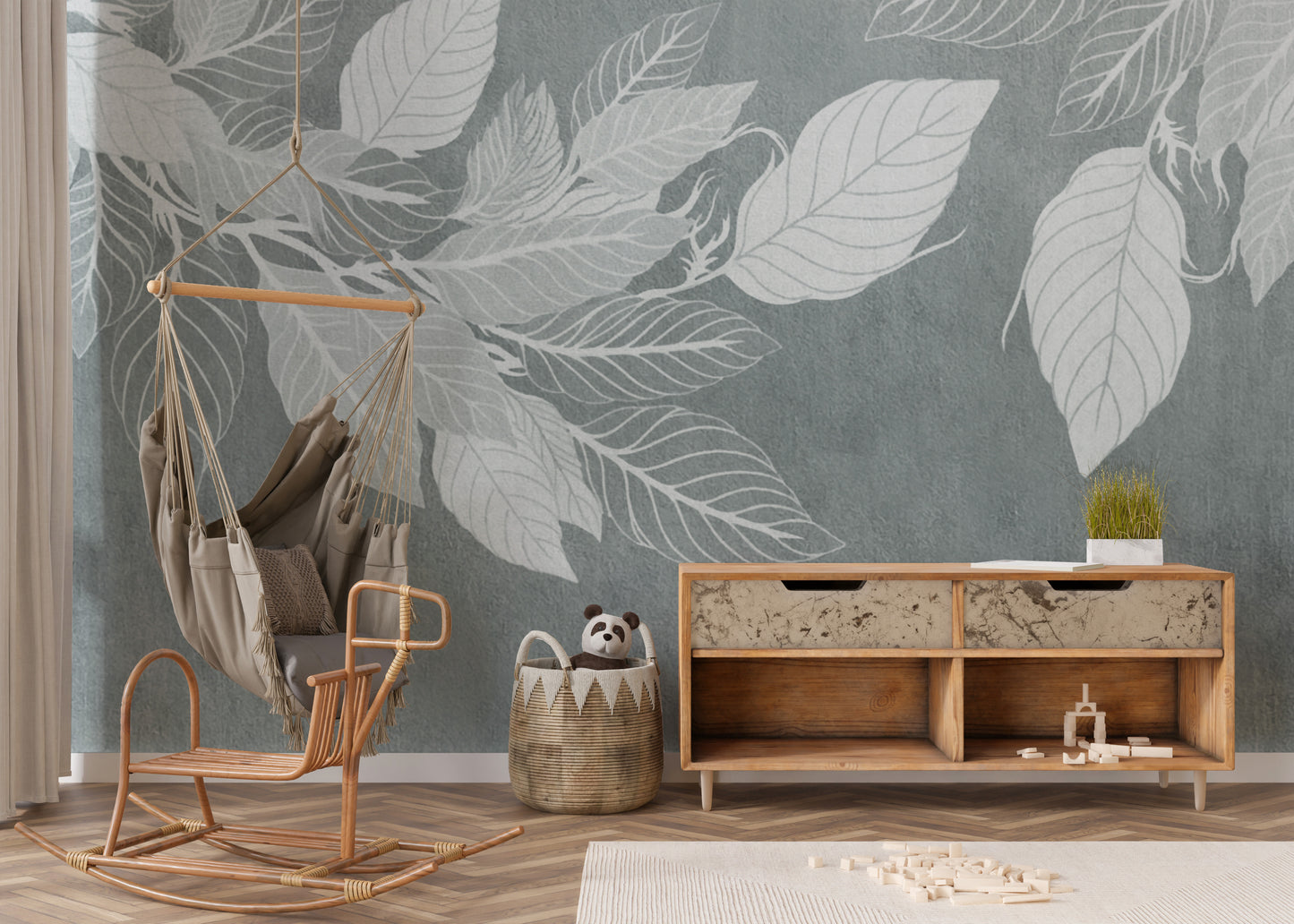 Elegant Teal Botanical Leaf Mural