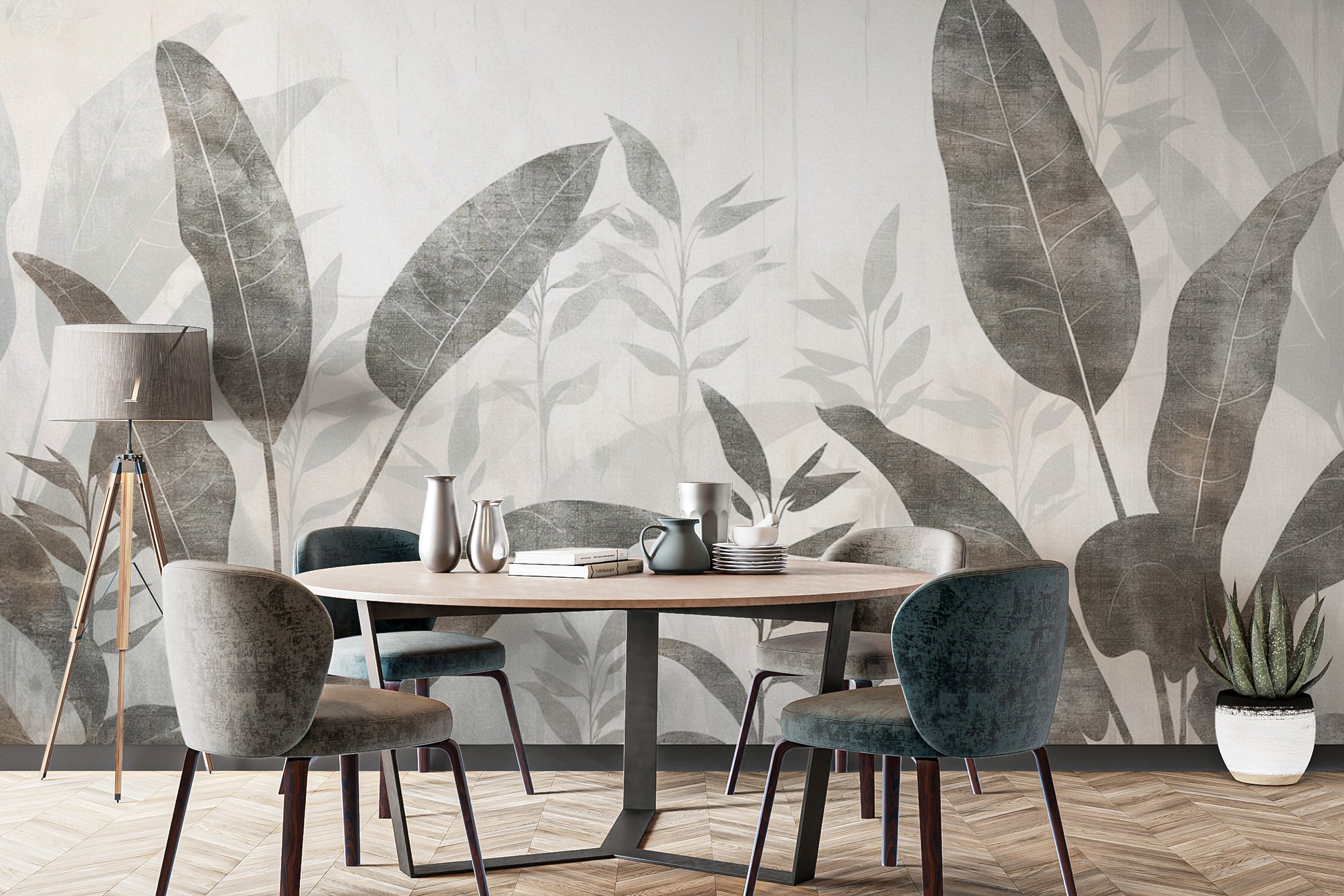 Soft tropical leaves wallpaper with layered design
