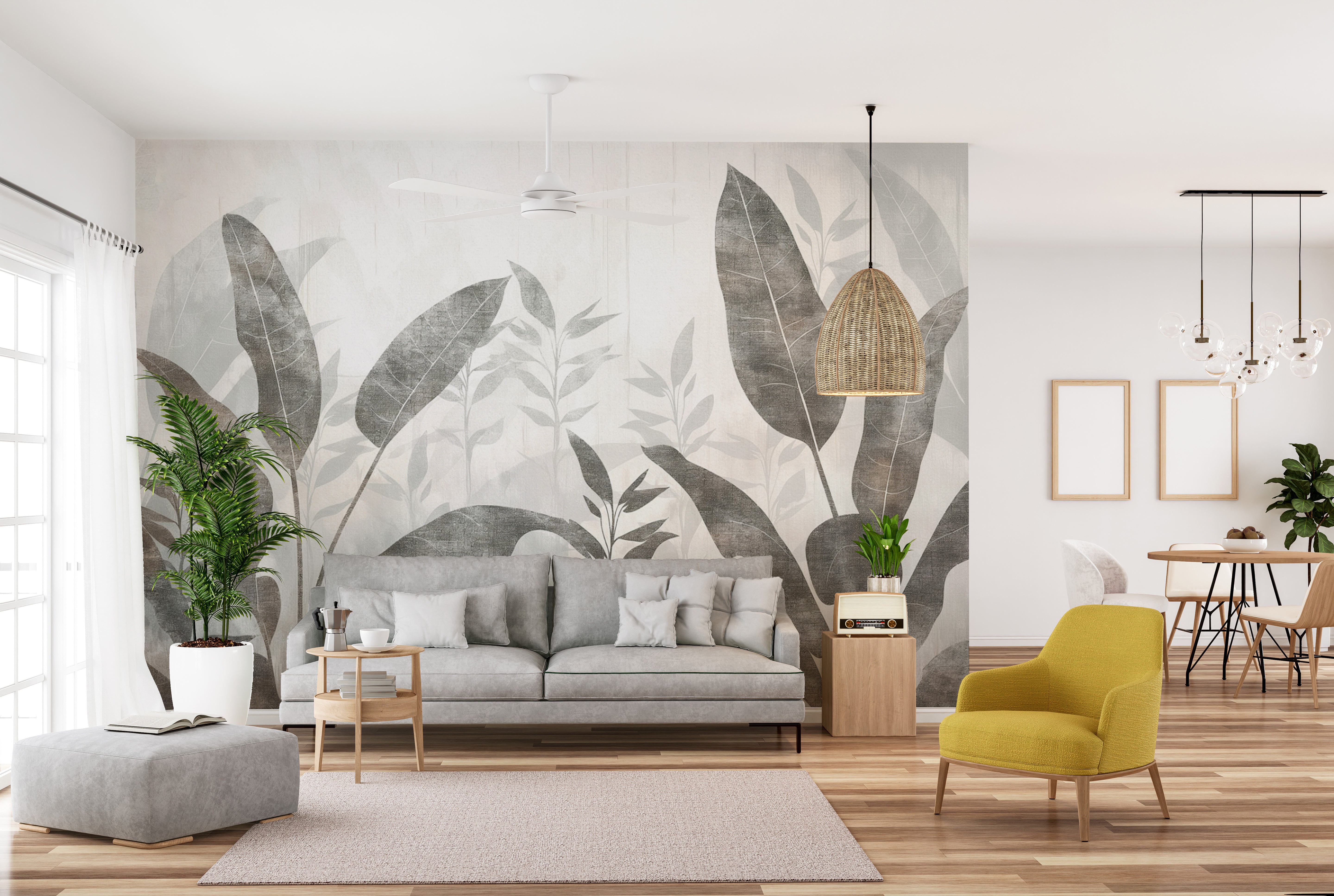 Minimalist nature wall mural with tropical leaves
