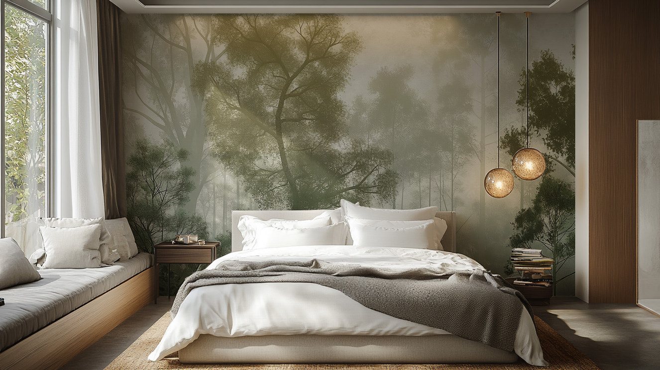 Misty forest landscape wall mural with foggy trees
