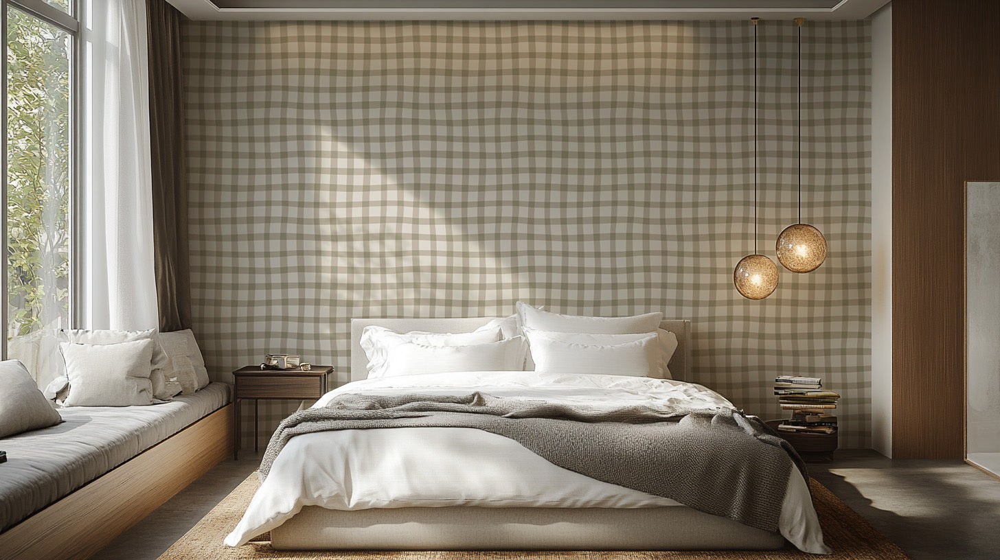 Scandinavian gingham wall mural in beige and white
