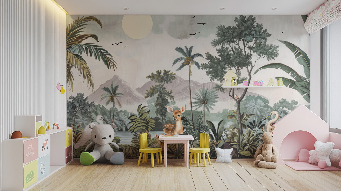 Tropical wildlife forest wallpaper mural with lush greenery
