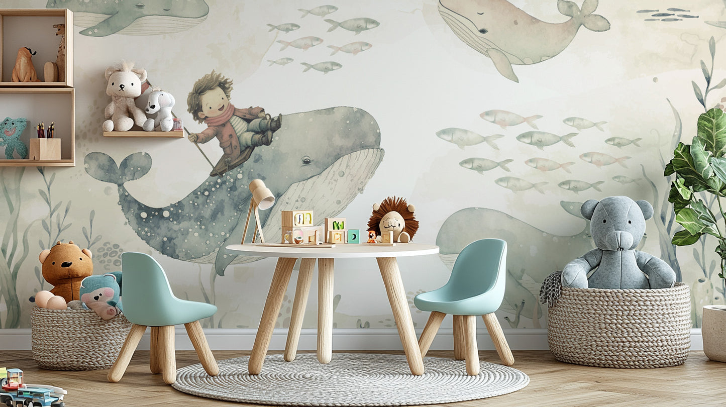 Child riding whale nursery wallpaper with marine life
