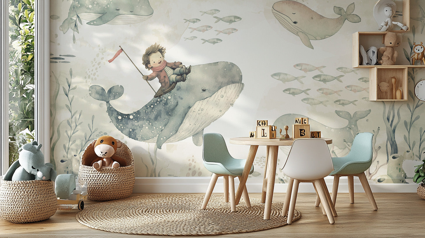 Whimsical underwater wallpaper mural with ocean creatures
