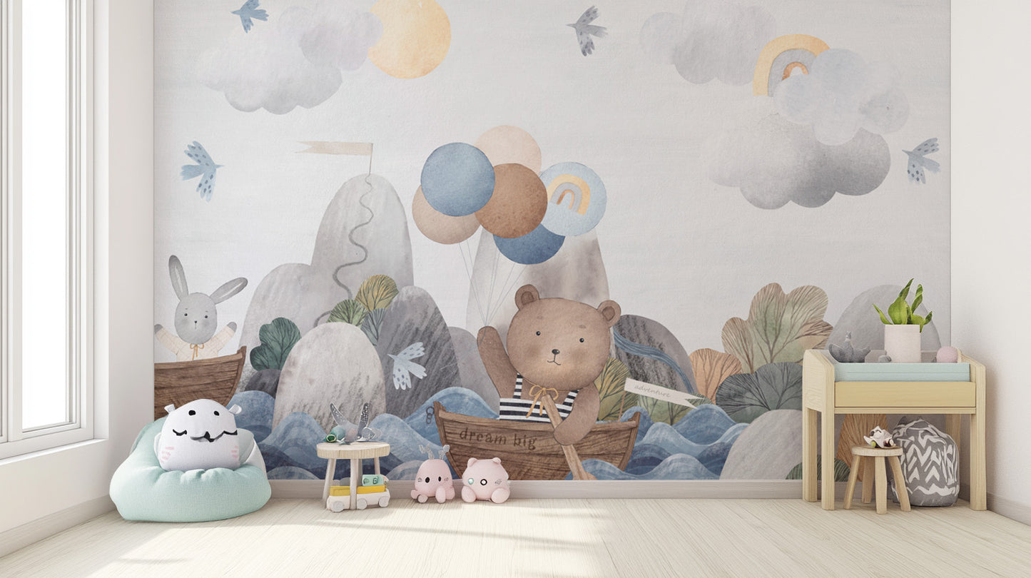 Hand-painted storybook wallpaper featuring ocean and animals




