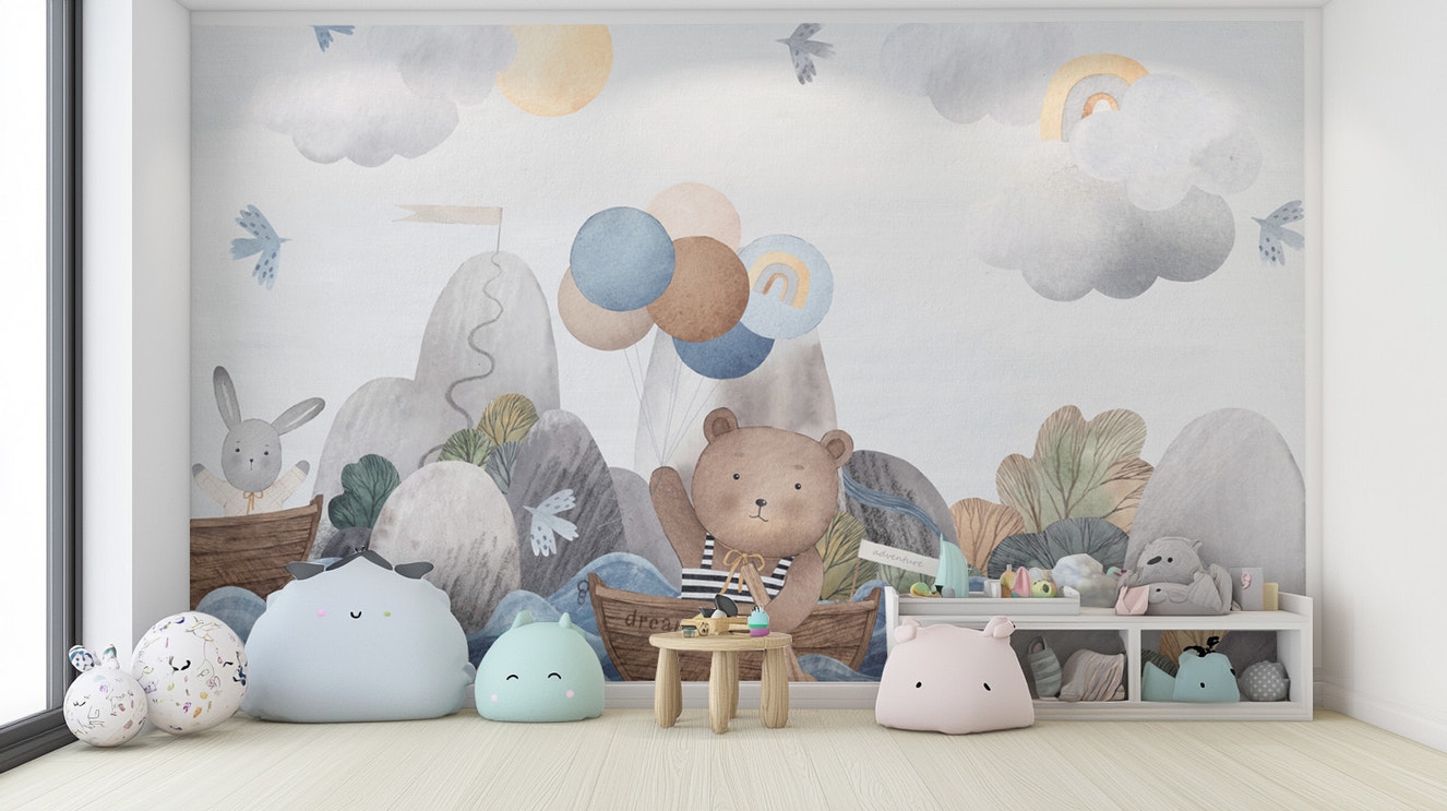 Watercolor nautical wallpaper with bear and rabbit sailing
