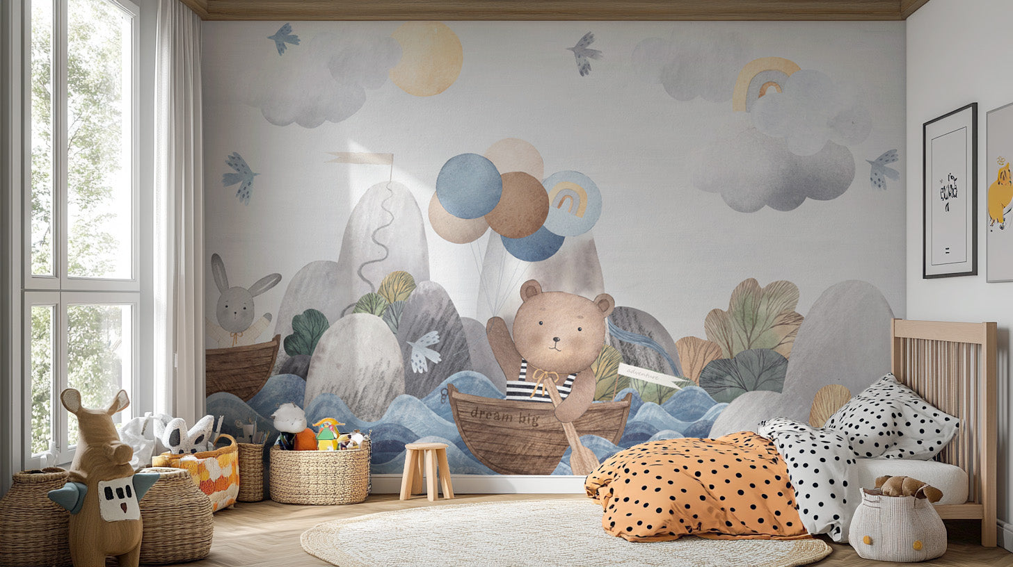 Whimsical boat journey wall mural with watercolor design
