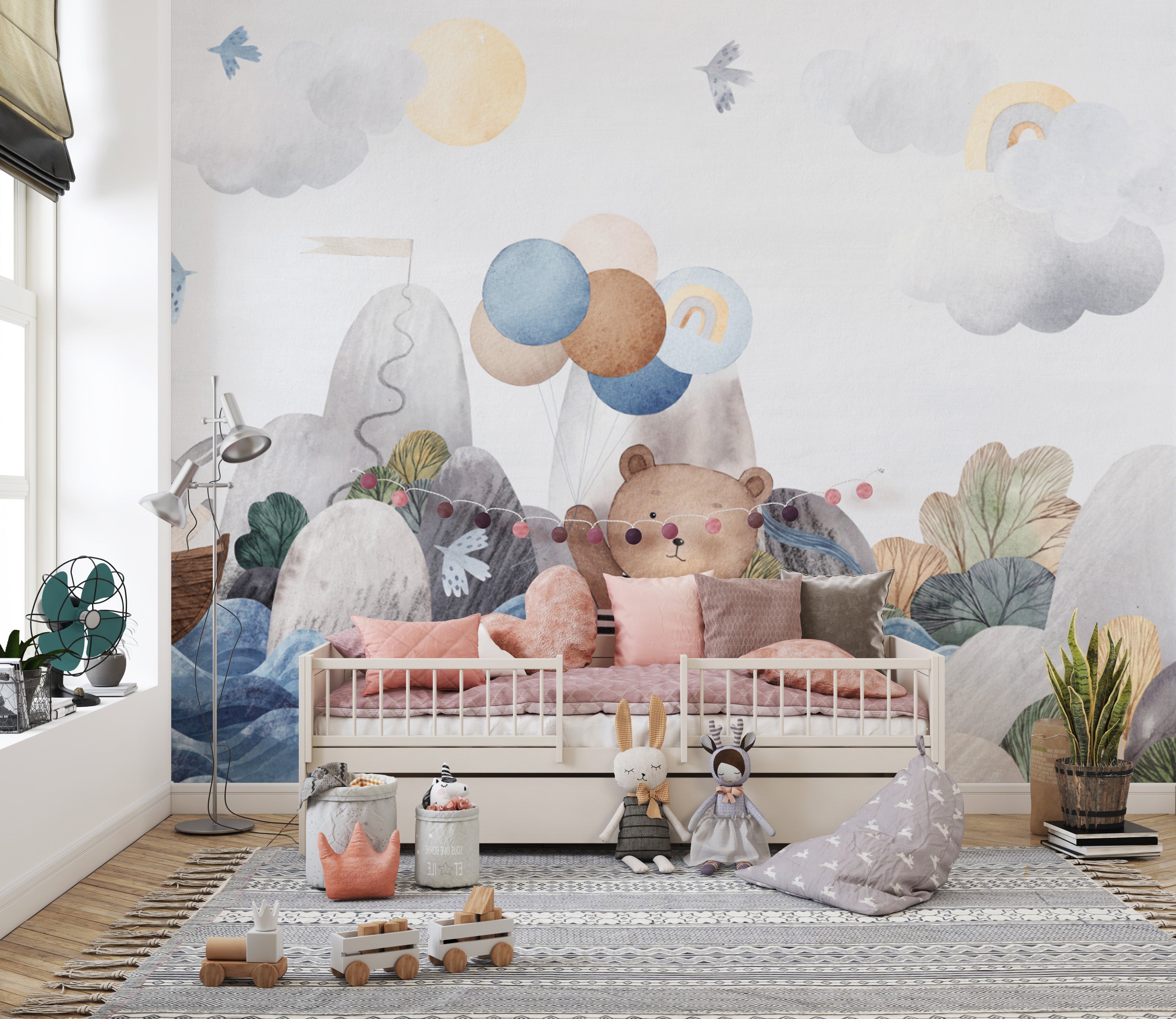 Ocean waves children's wallpaper with dreamy watercolor art
