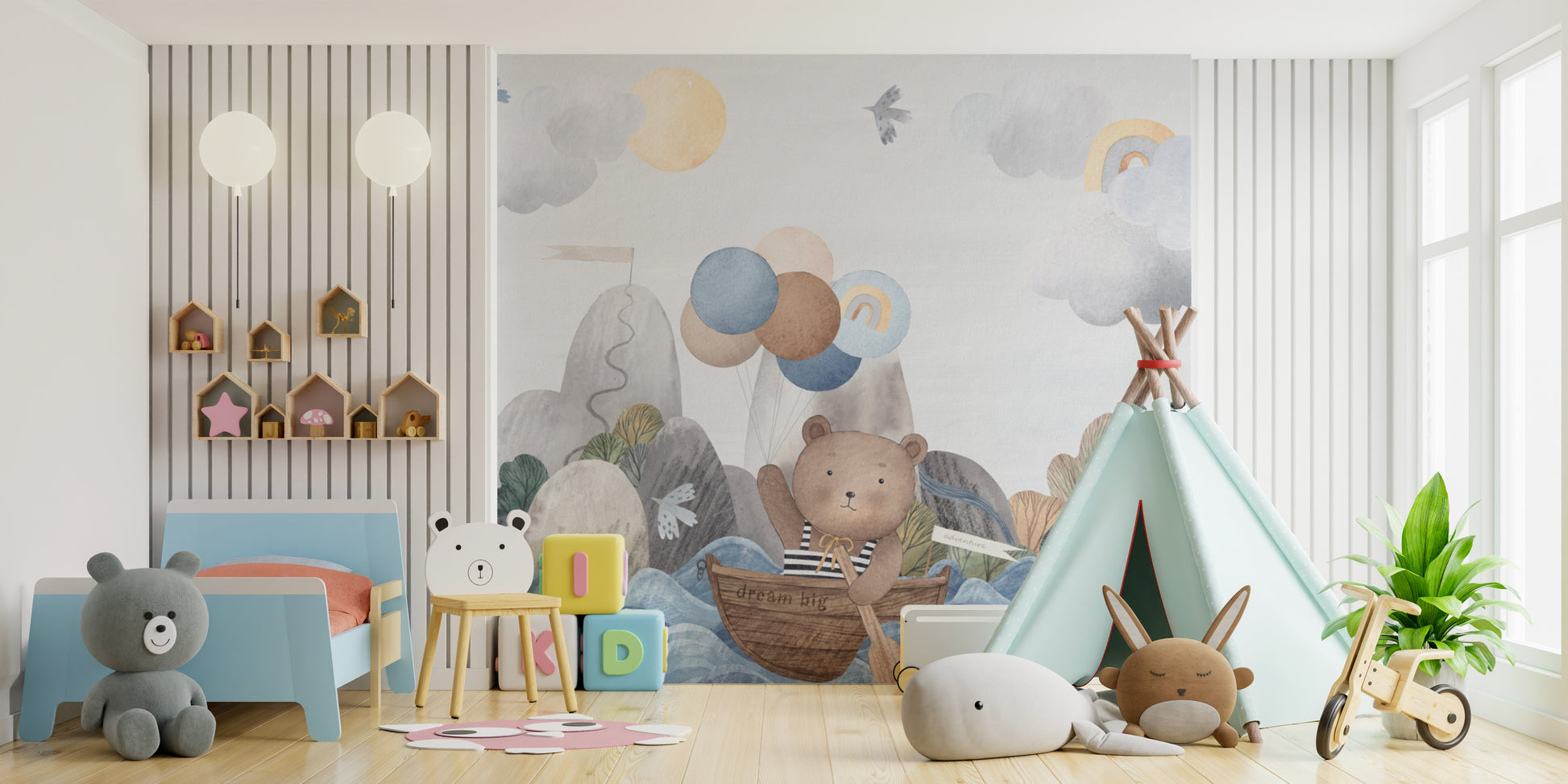 Scandinavian-style bear sailing wallpaper for nurseries
