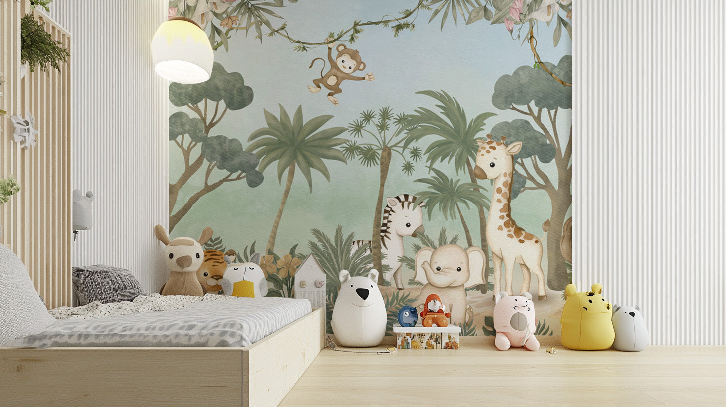 Hand-painted safari wallpaper for nursery walls
