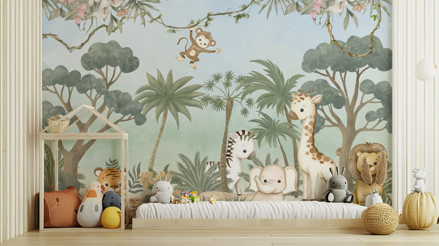 Jungle adventure wallpaper with playful animals and trees
