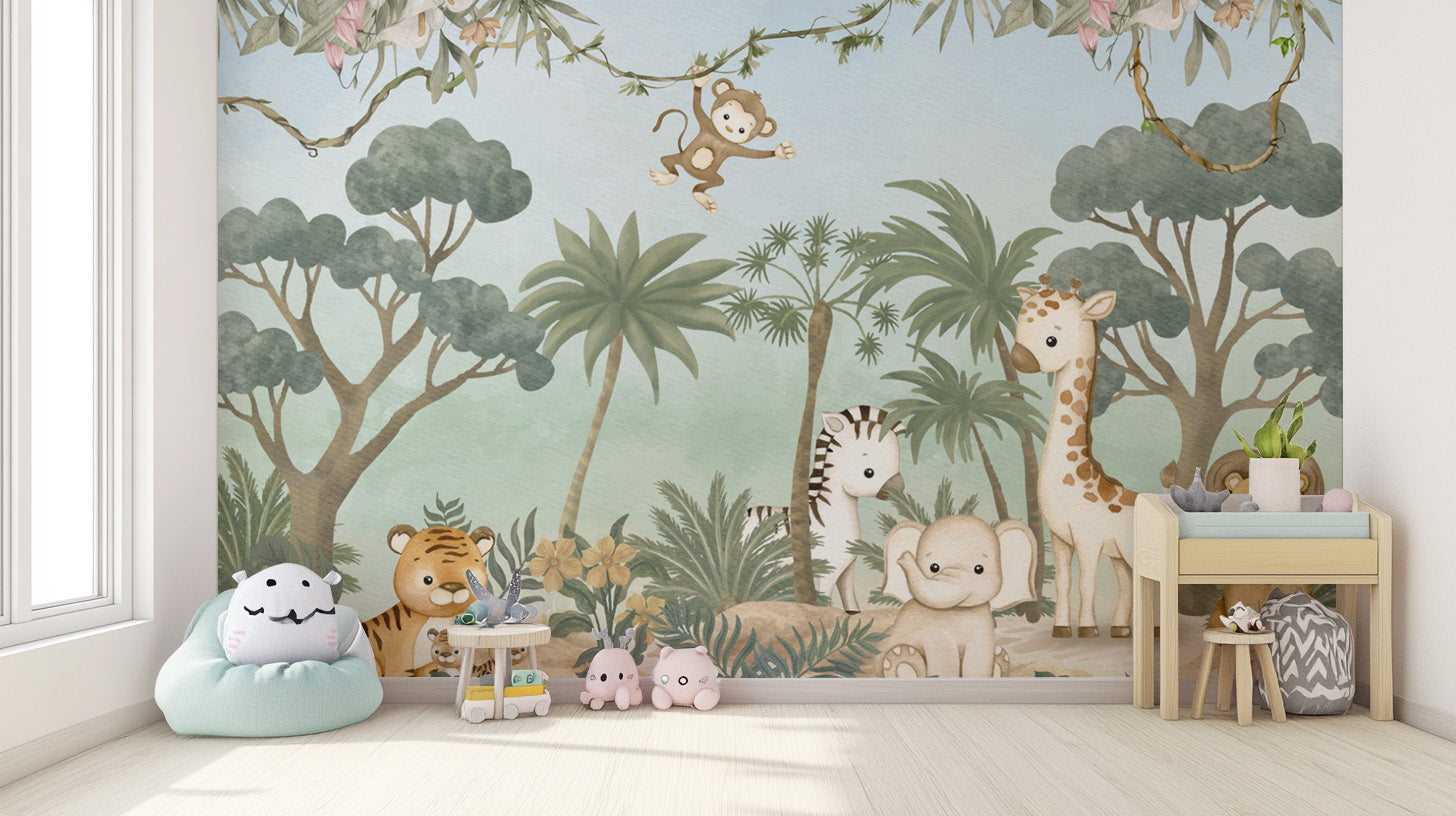 Baby animal jungle mural with soft green tones
