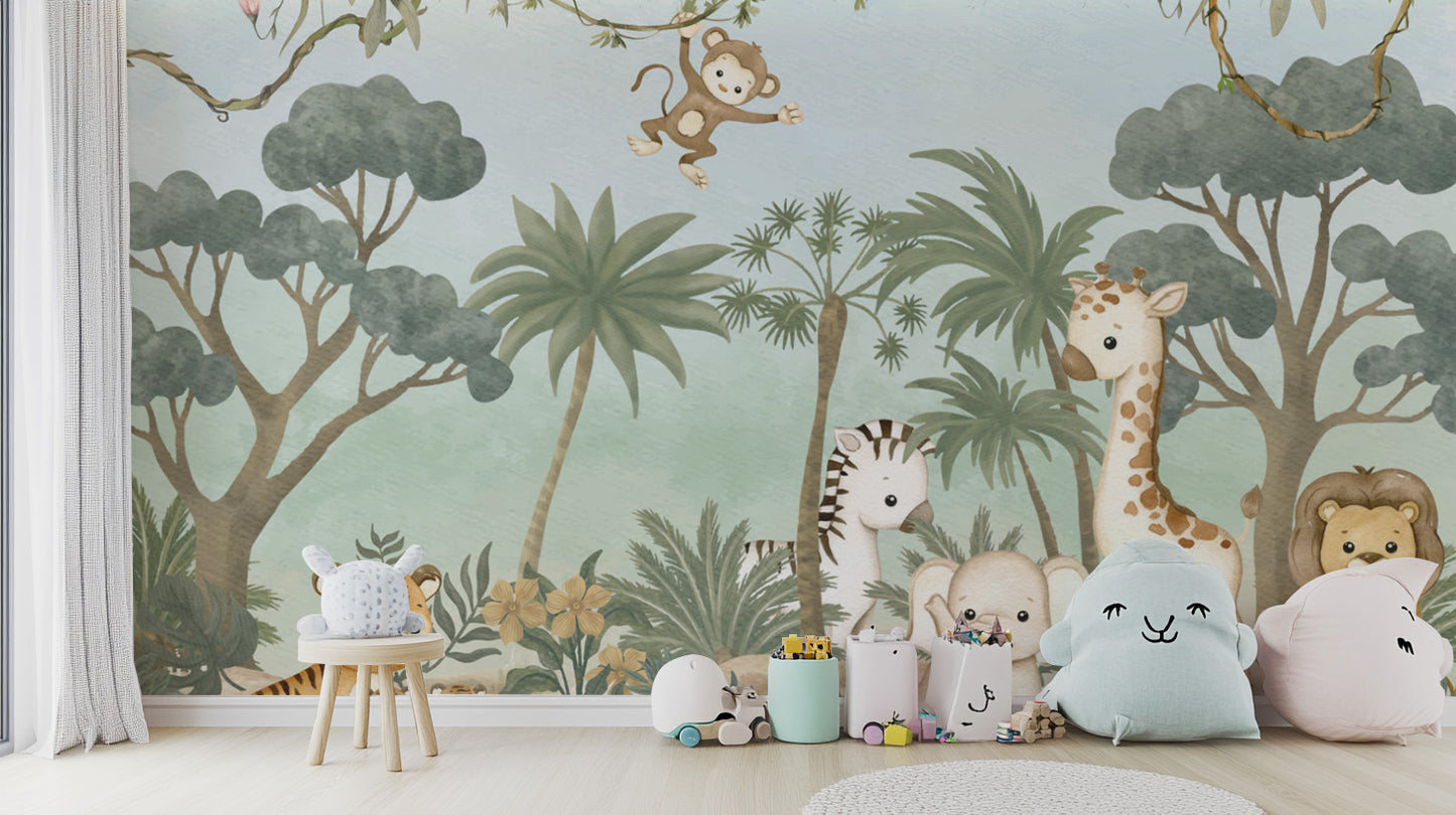 Cartoon jungle wallpaper with swinging monkey and tigers
