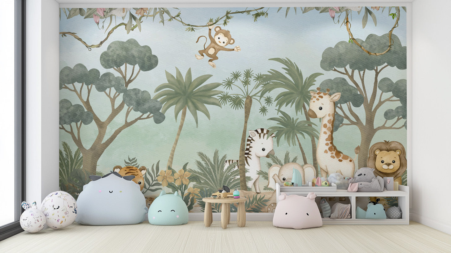 Safari theme nursery wallpaper with cute wildlife scene
