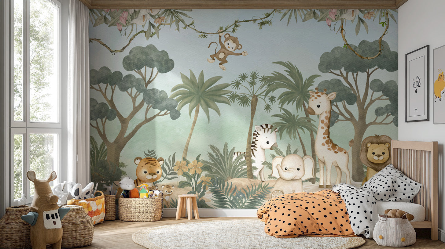 Adorable baby safari animals wallpaper for kids' room
