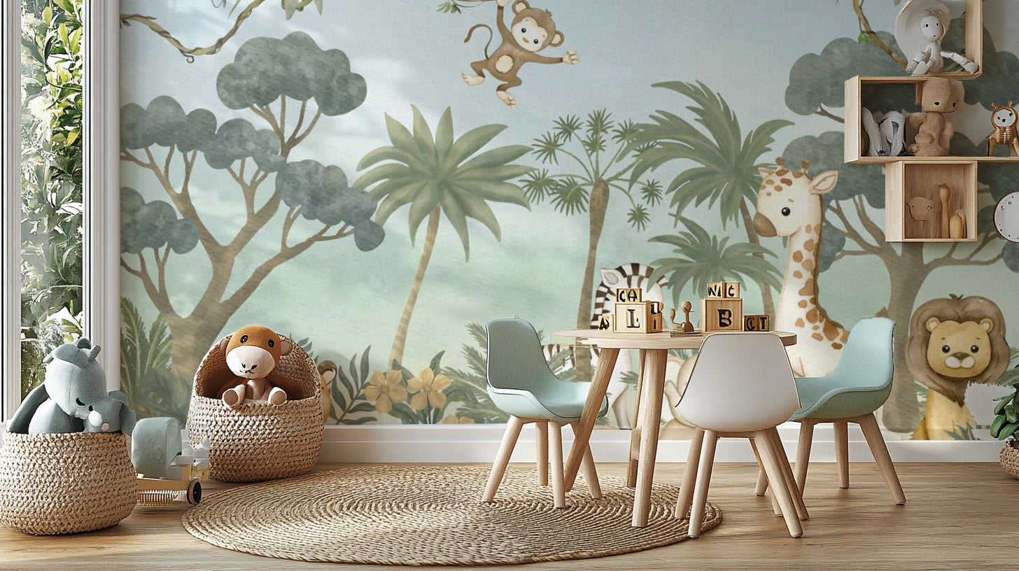 Whimsical jungle animal mural with giraffes and elephants
