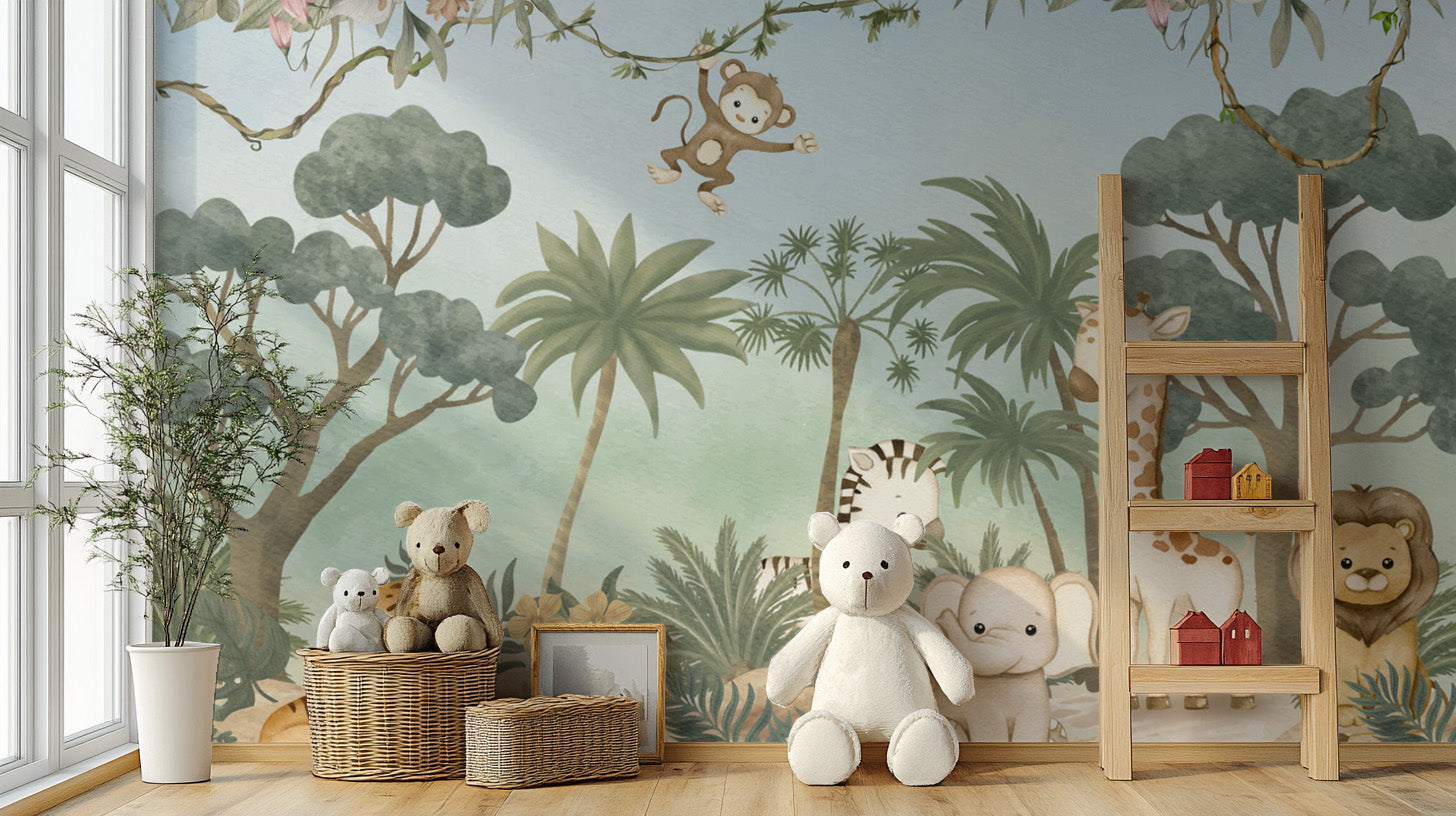 Soft watercolor jungle wallpaper with lions and zebras
