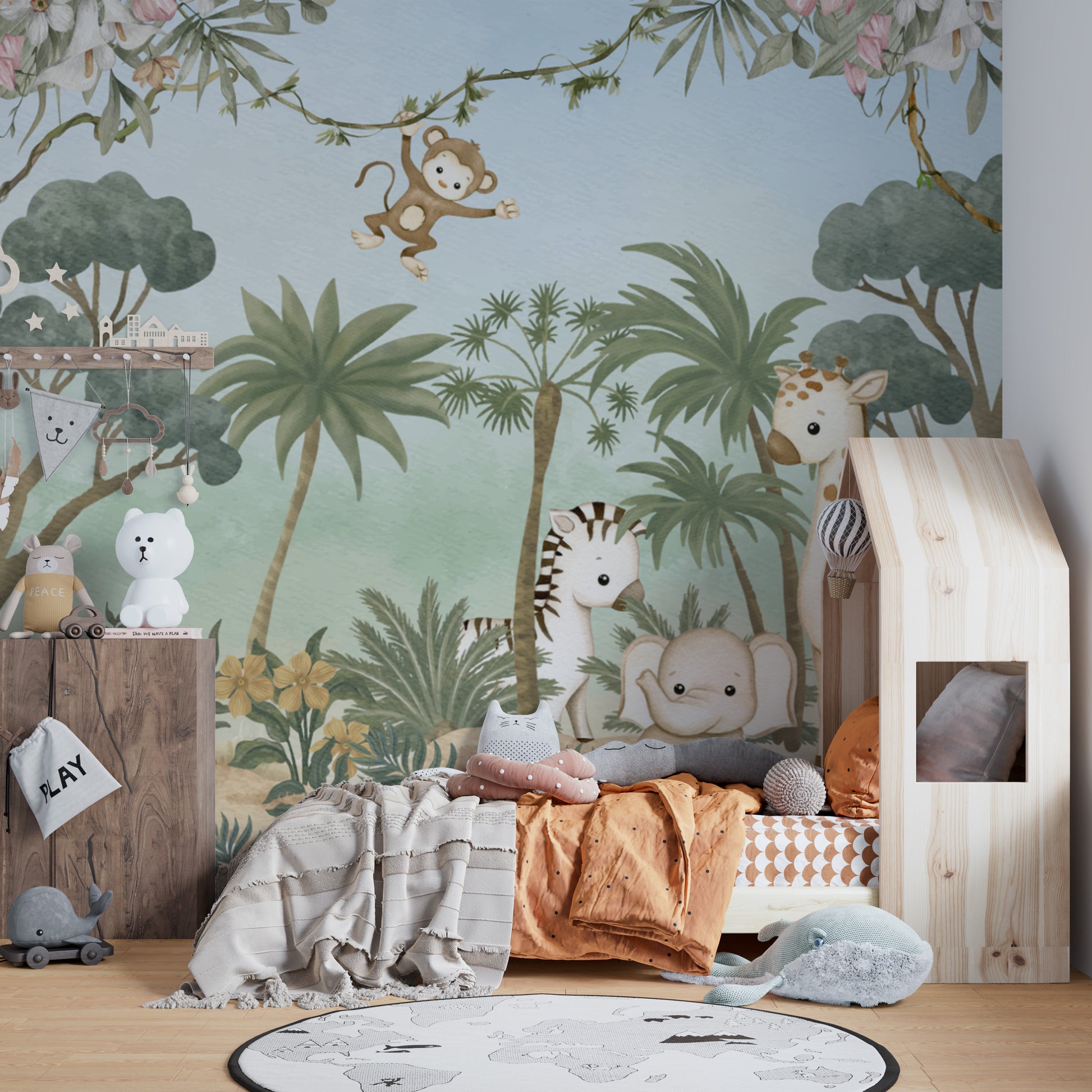 Cute jungle safari wallpaper with watercolor animals
