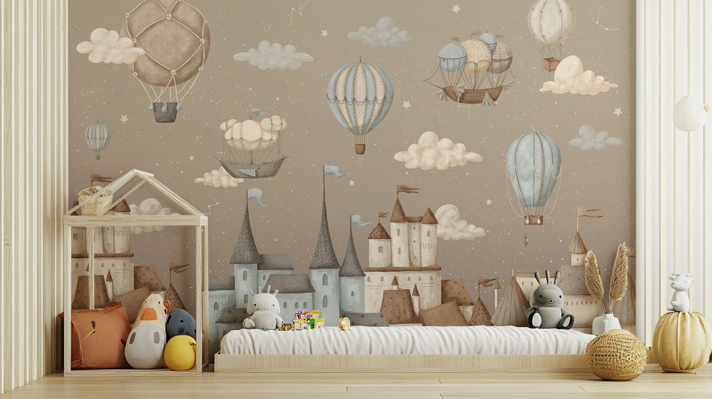 Floating airship and fantasy castle wall decor
