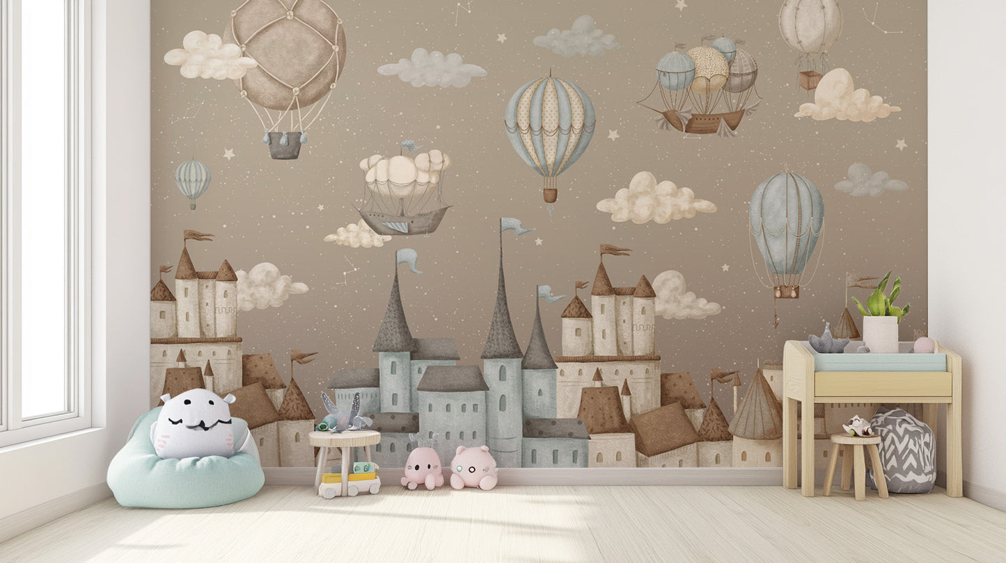 Fantasy castle wallpaper mural with floating airships
