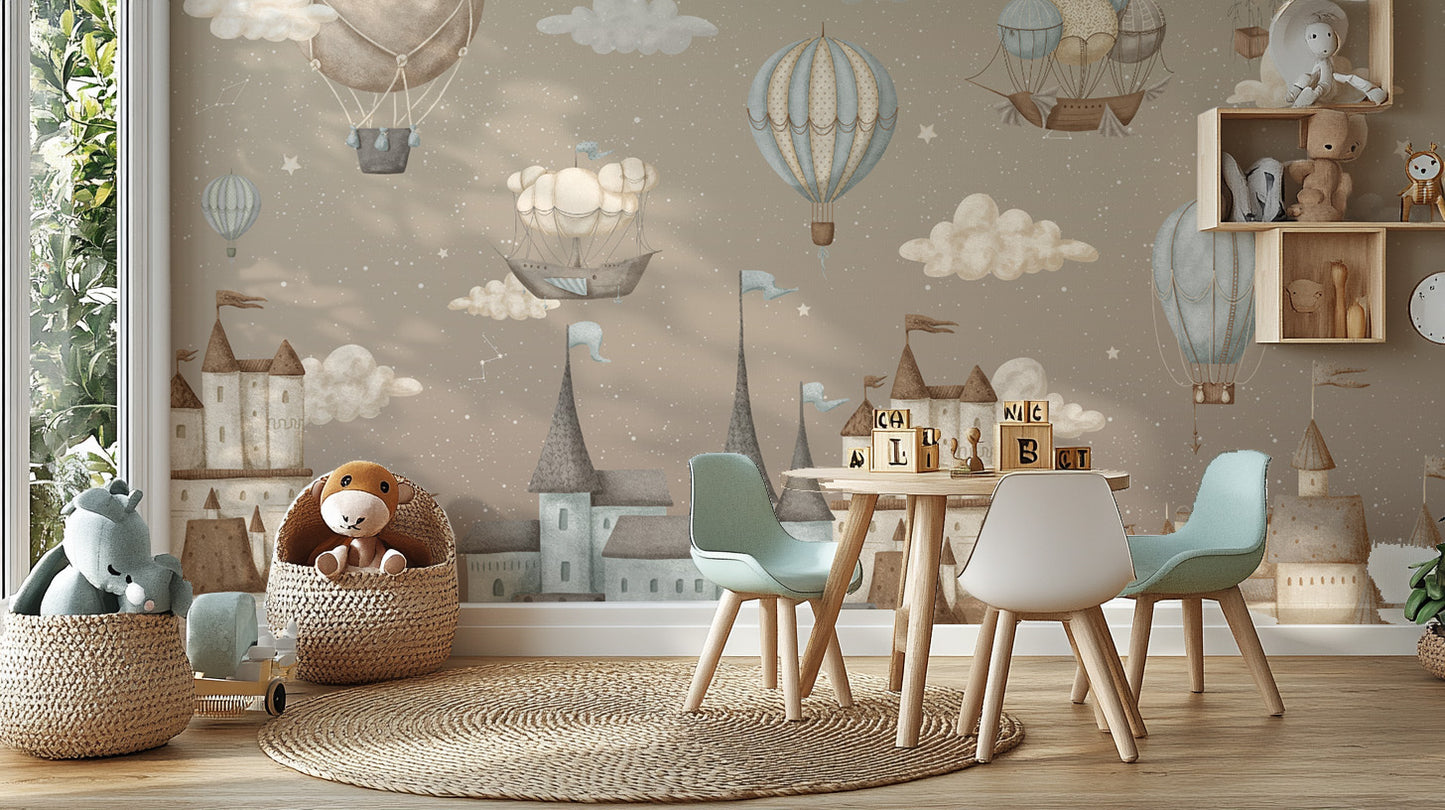 Soft-toned fairytale castle mural for walls
