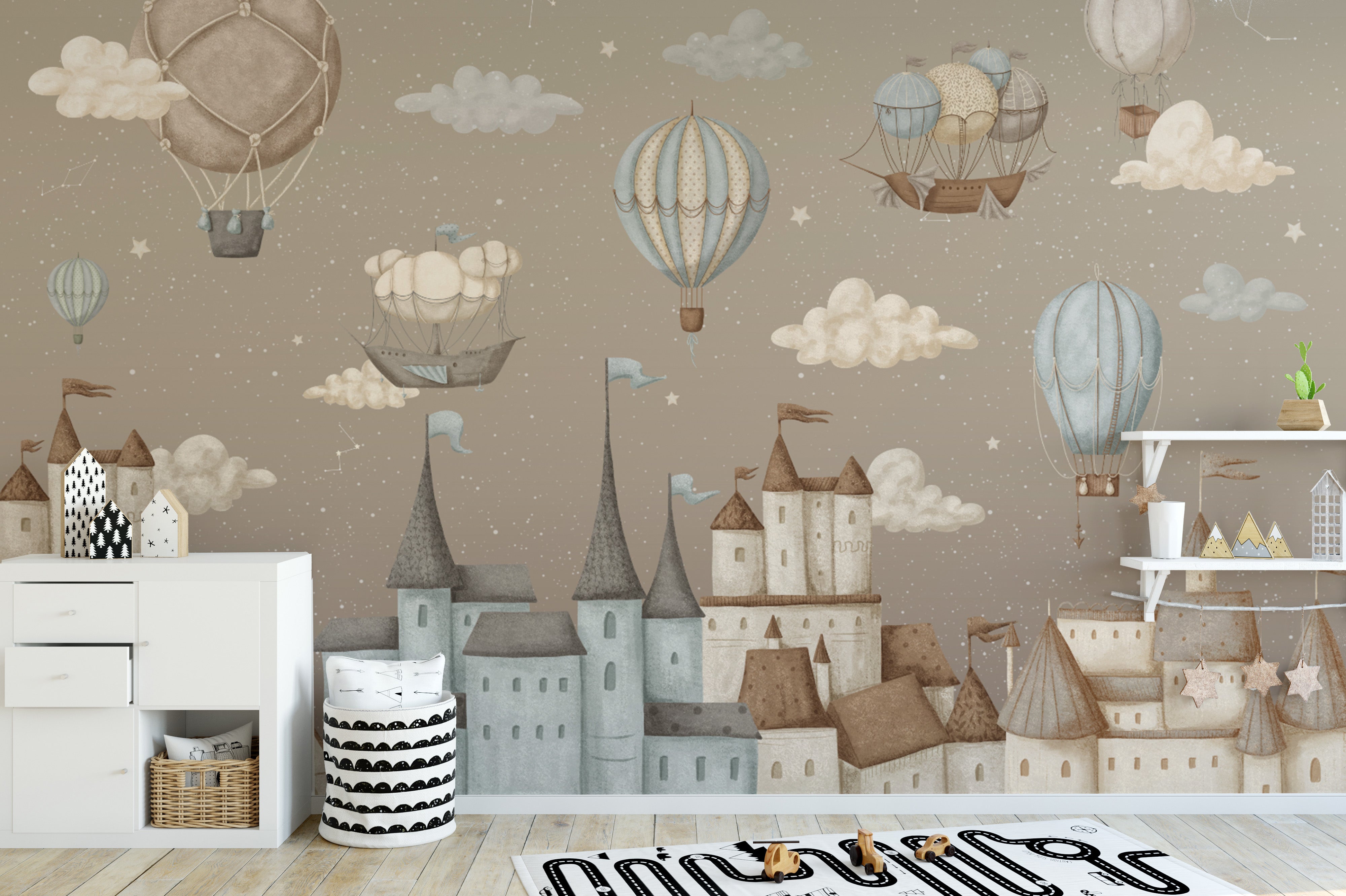 Whimsical hot air balloon wallpaper for kids' rooms
