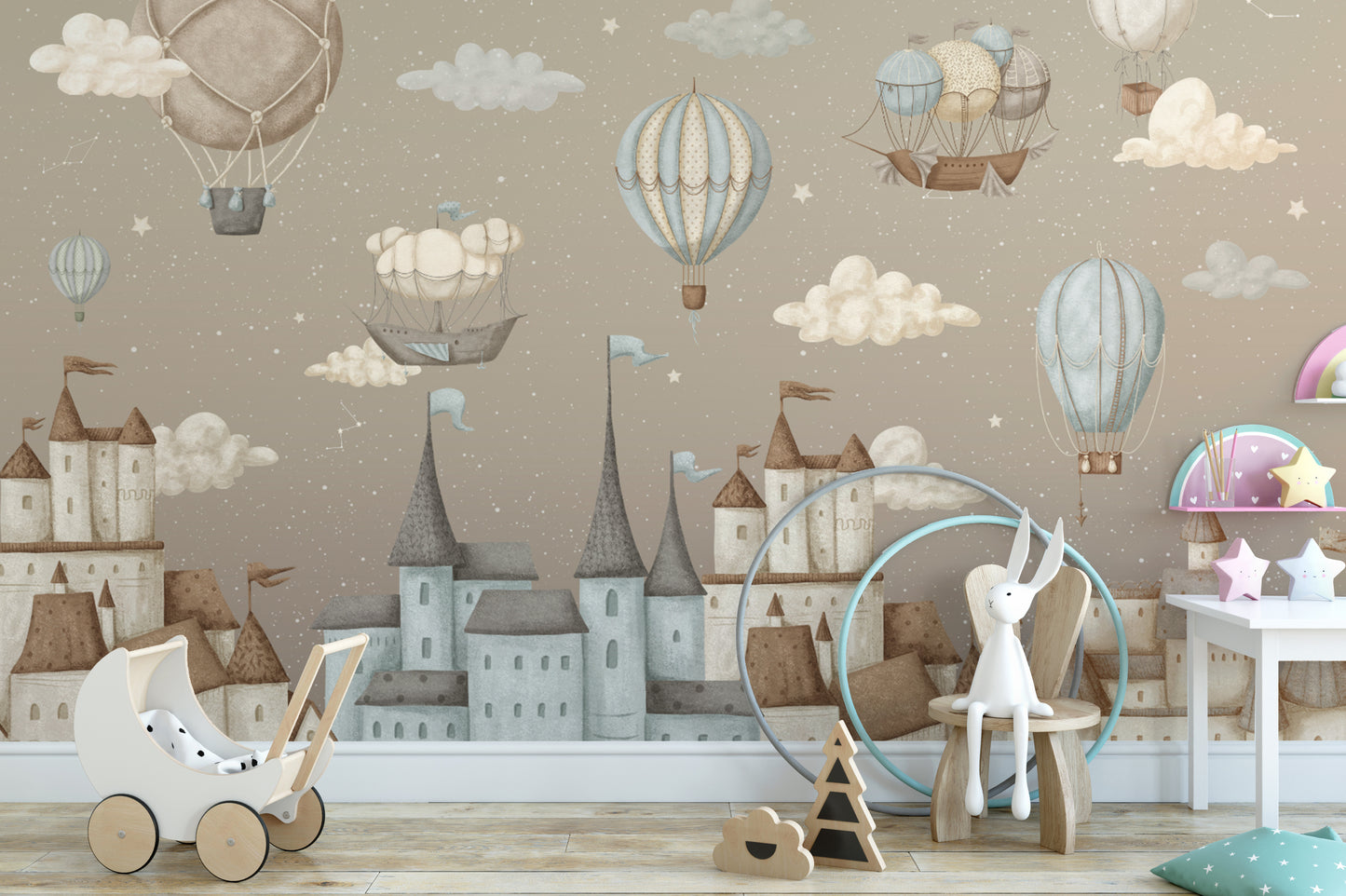 Fairytale castle wall mural in soft pastel tones
