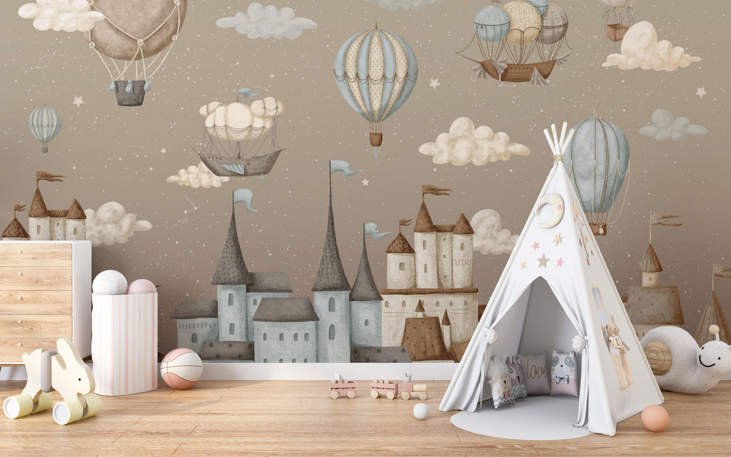 Dreamy sky wallpaper with castles and hot air balloons
