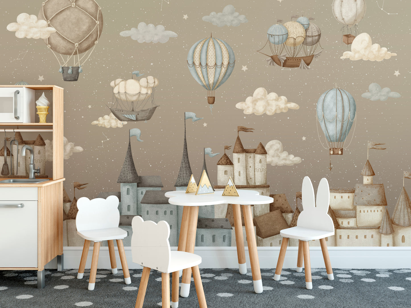 Beige fantasy castle mural with floating elements
