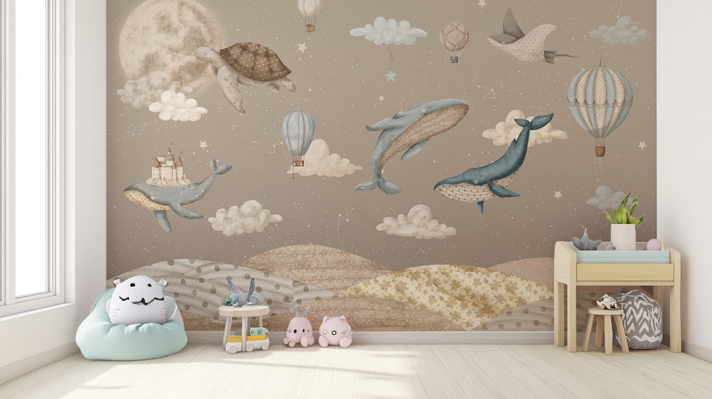 Dreamy pastel mural featuring whales and hot air balloons
