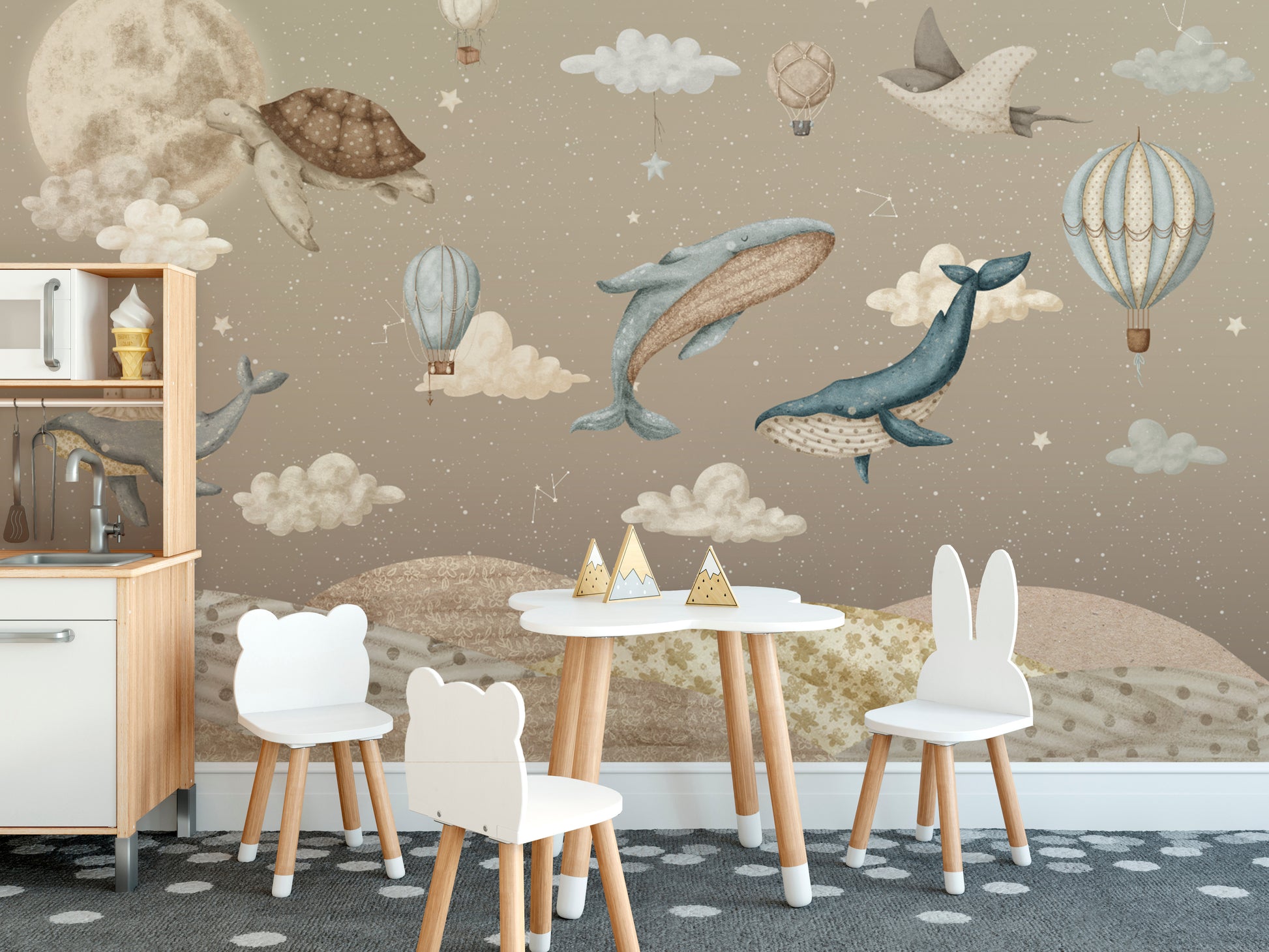 Moonlit sky wallpaper mural with floating ocean creatures
