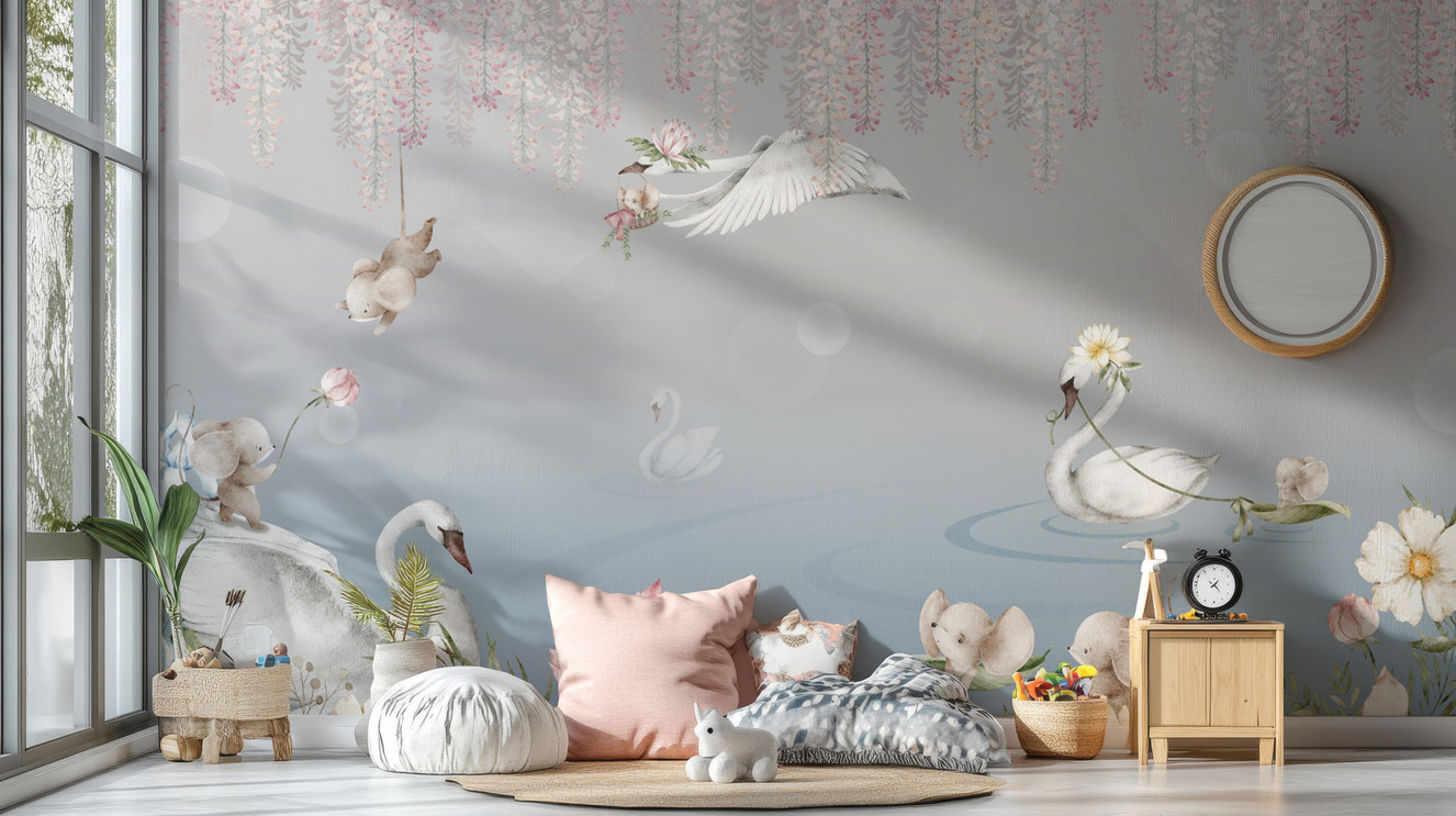 Watercolor Swan & Elephant Wall Mural
