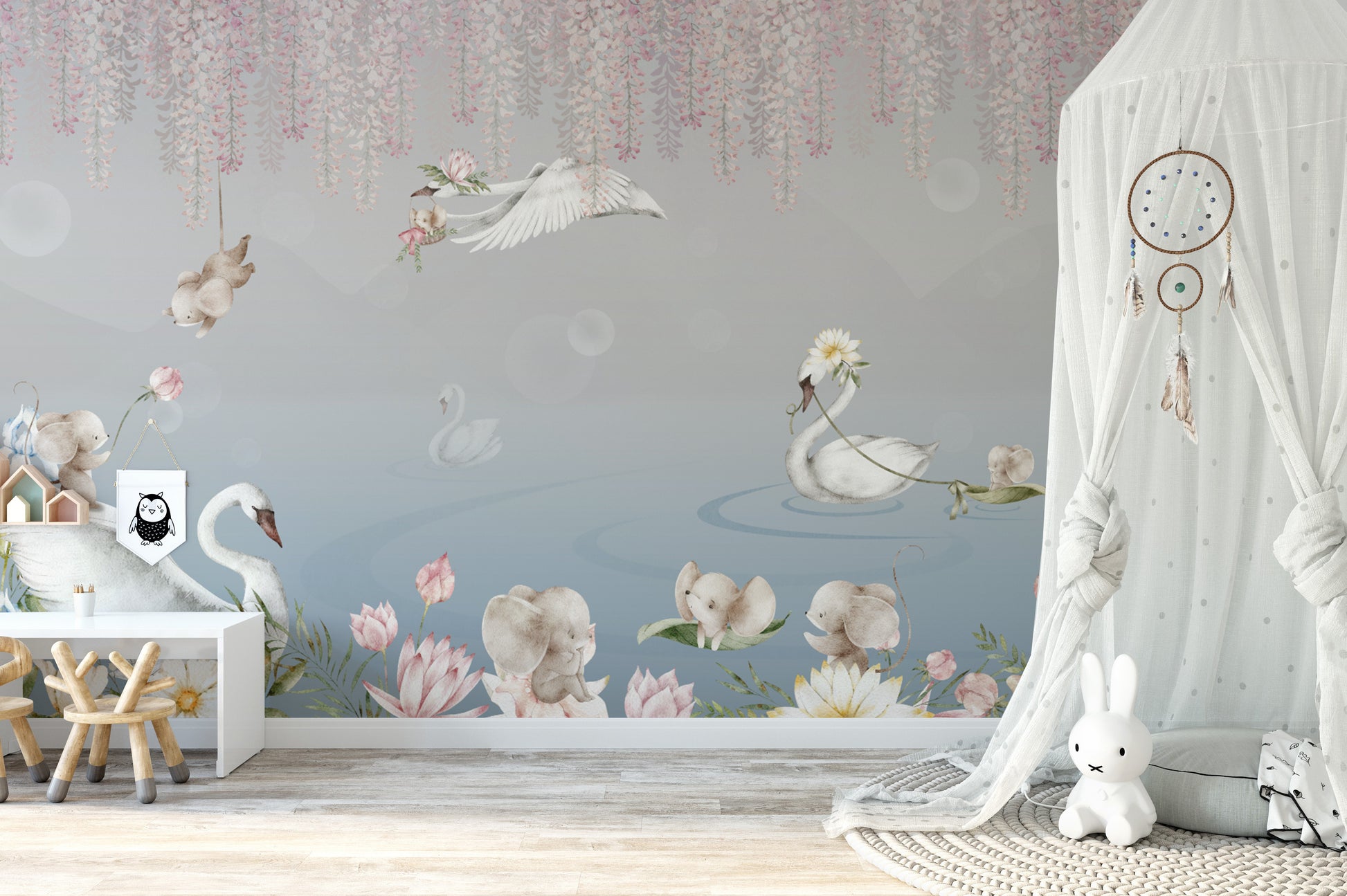 Cute Baby Elephant & Swan Wall Mural
