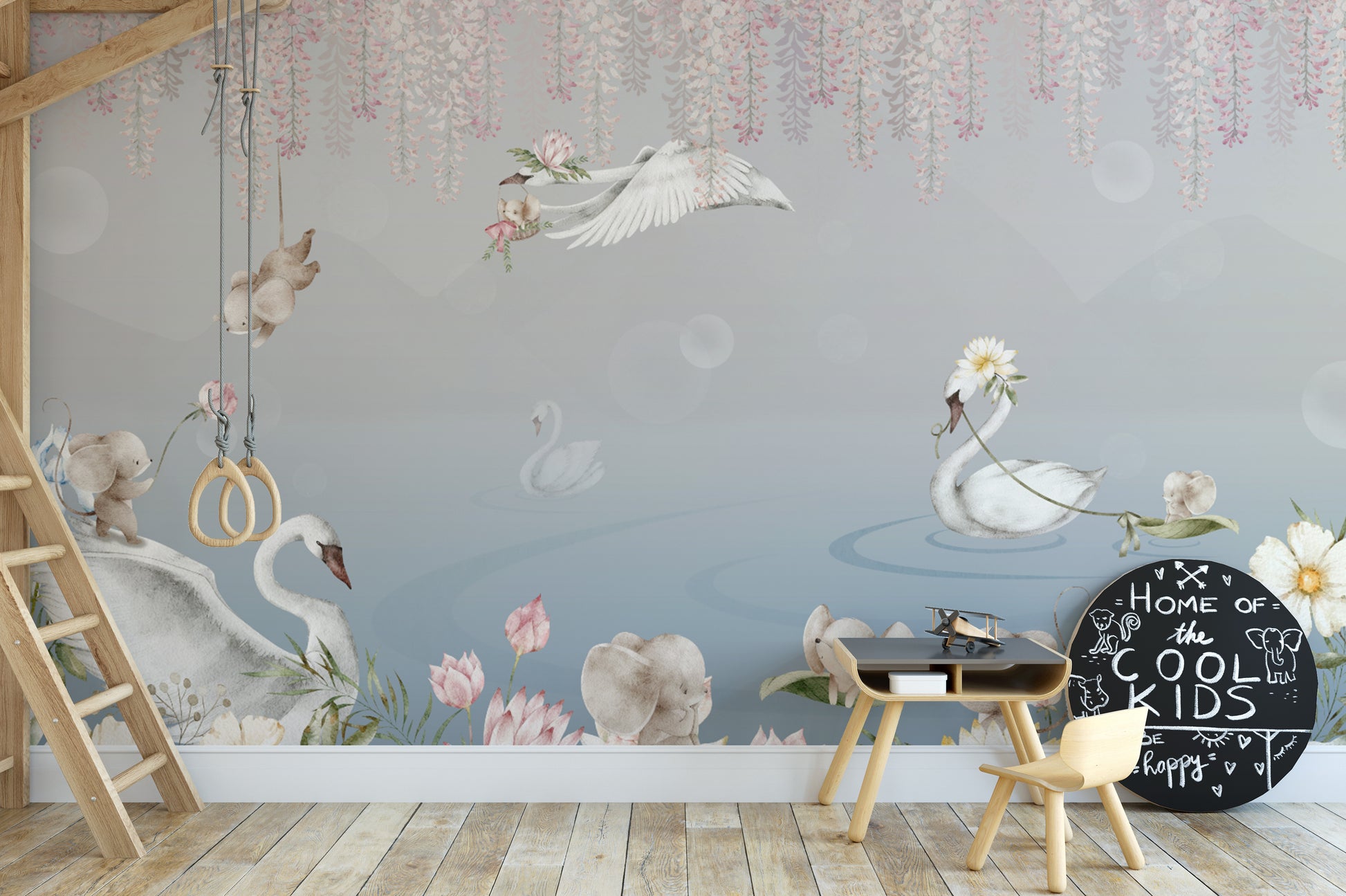 Floral Swan & Baby Elephant Kids Wallpaper




