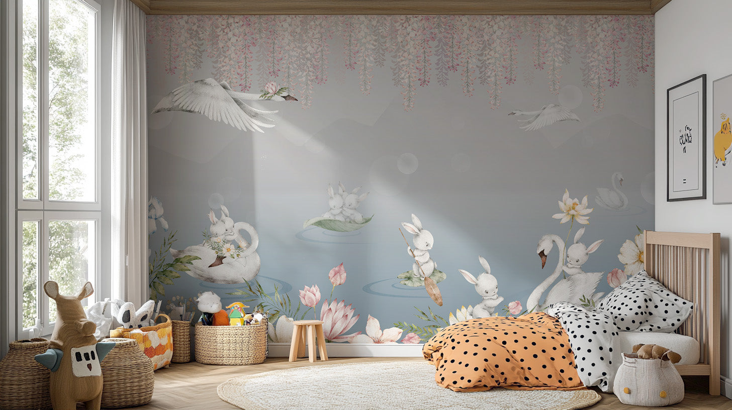 Soft pastel wallpaper with swans and bunnies
