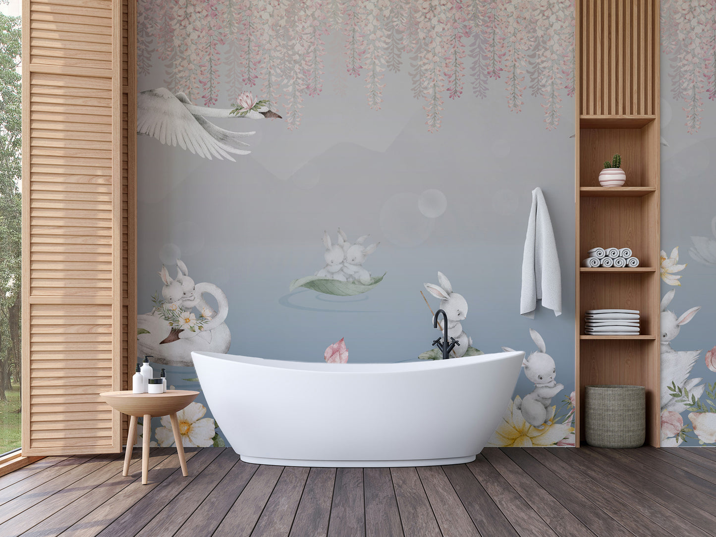 Gentle swan wallpaper with rabbits and hanging wisteria
