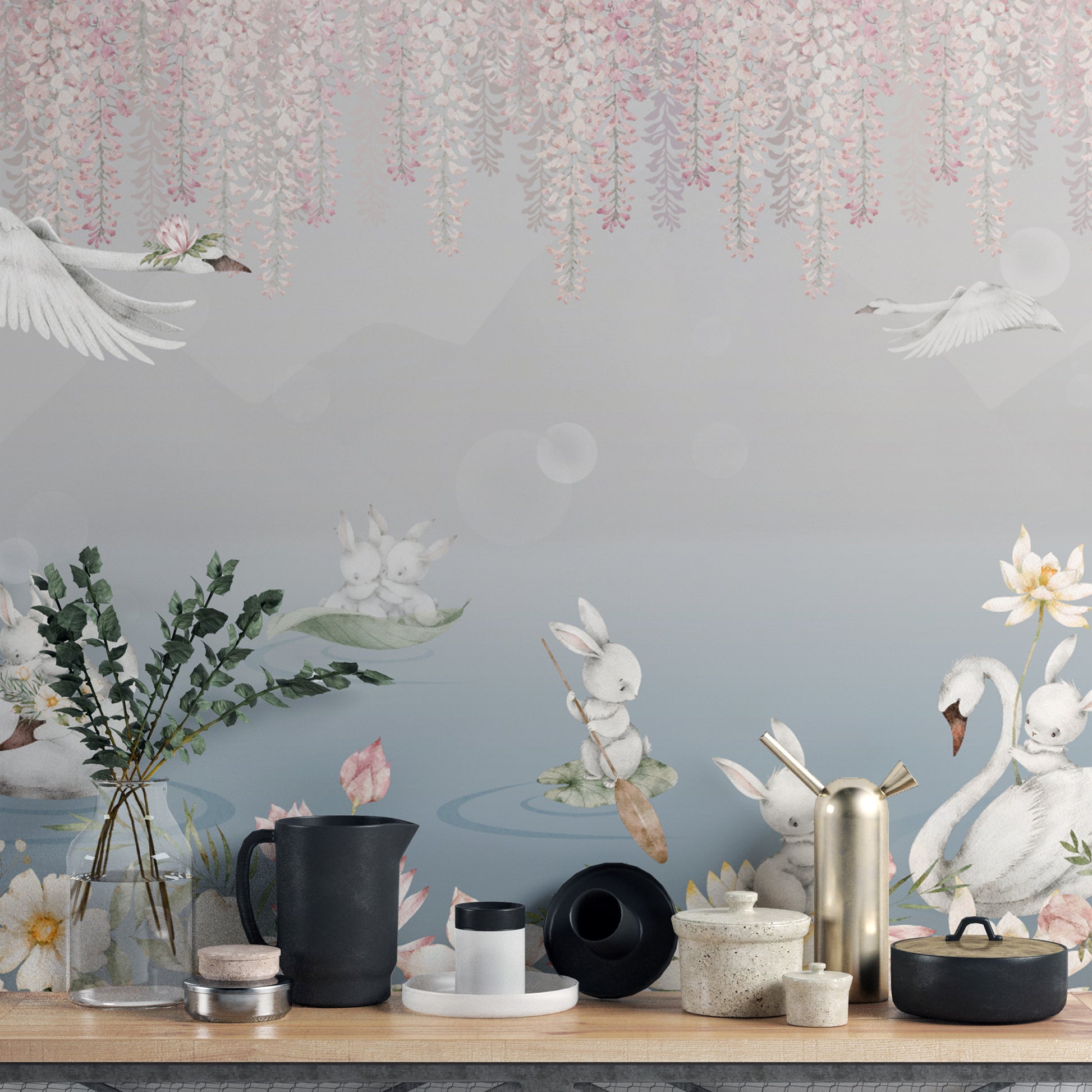 Enchanted Bunny Swan Lake Wallpaper for kids' rooms
