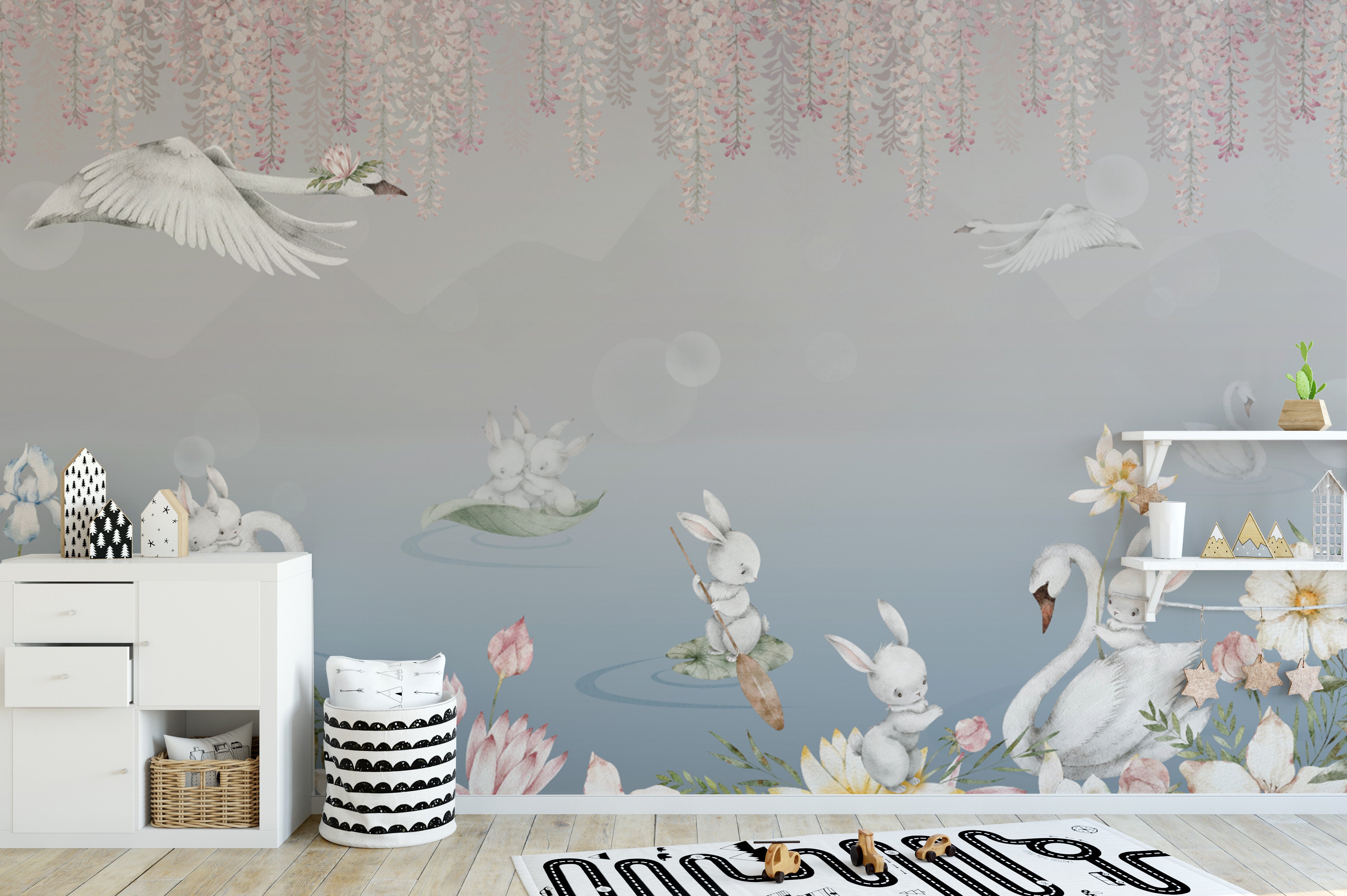 Gentle swan wallpaper with rabbits and hanging wisteria
