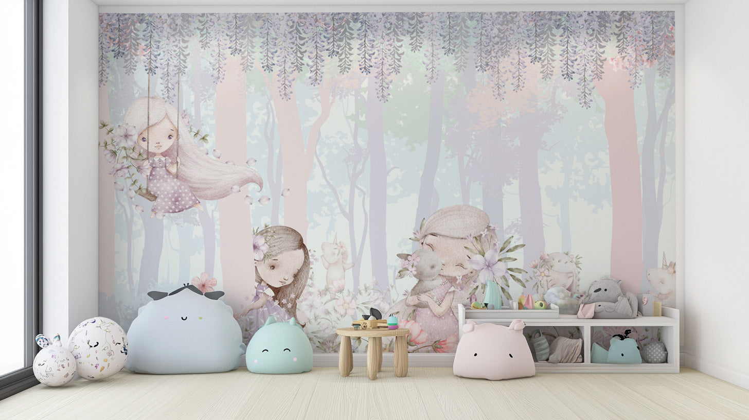 Soft pastel forest wallpaper with wisteria vines
