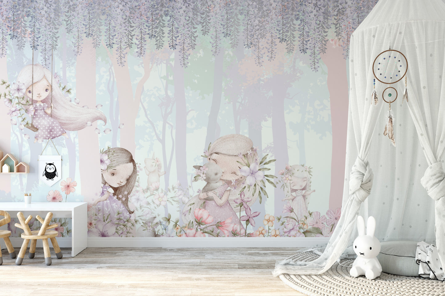 Fairy tale wallpaper with unicorns and bunnies
