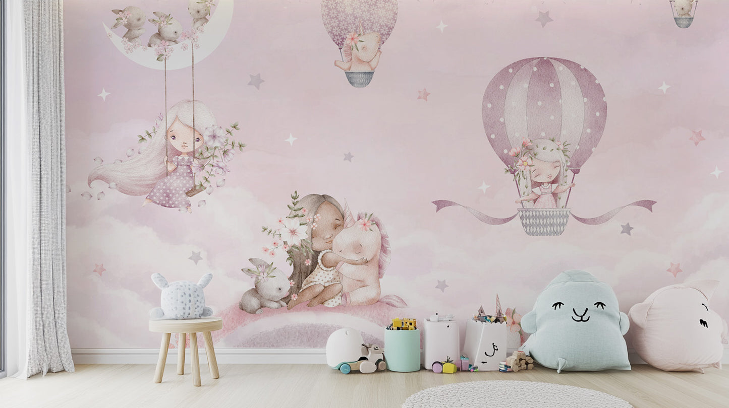 Hot air balloon wallpaper with soft pink tones
