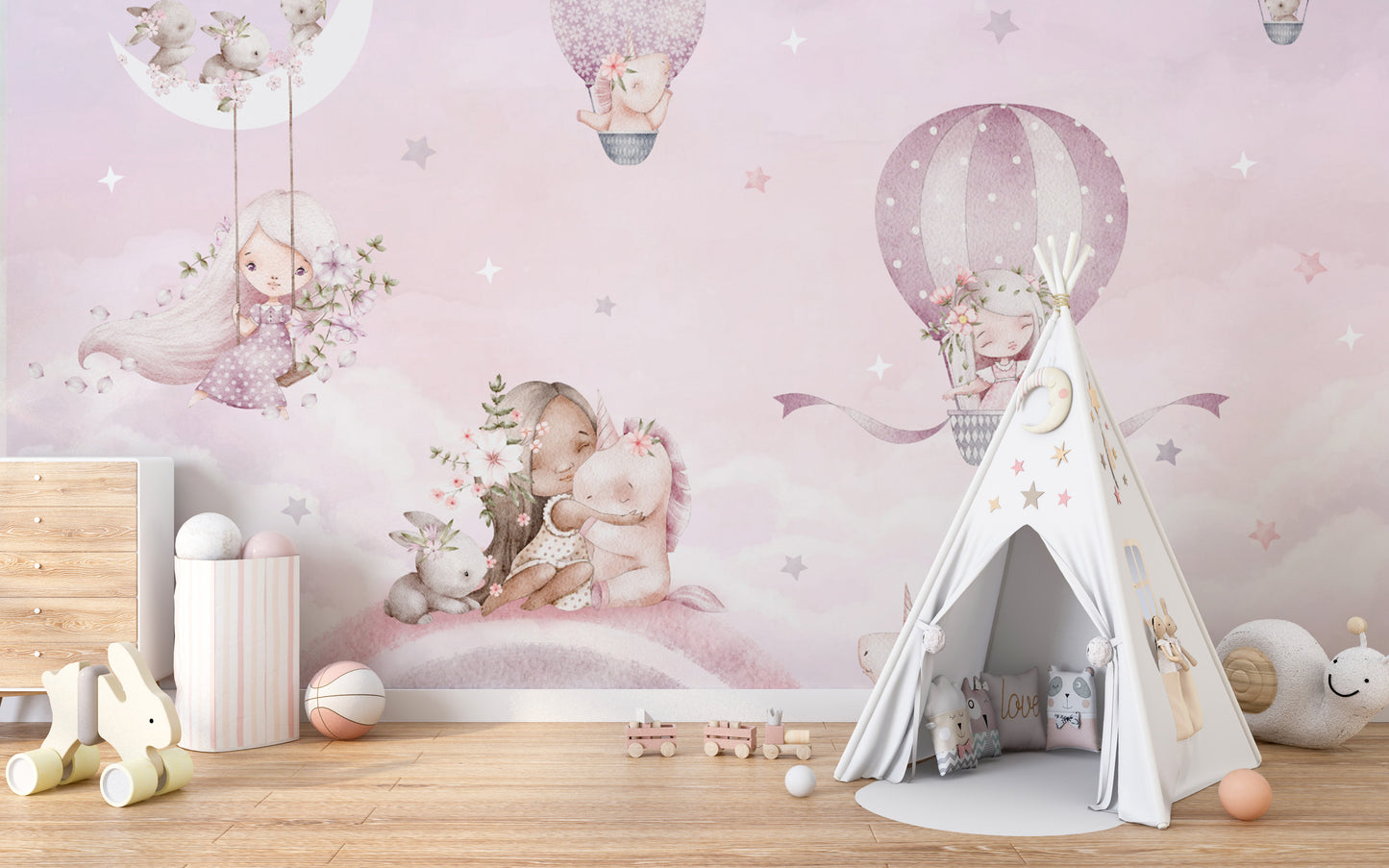 Fantasy kids wallpaper with unicorns and hot air balloons
